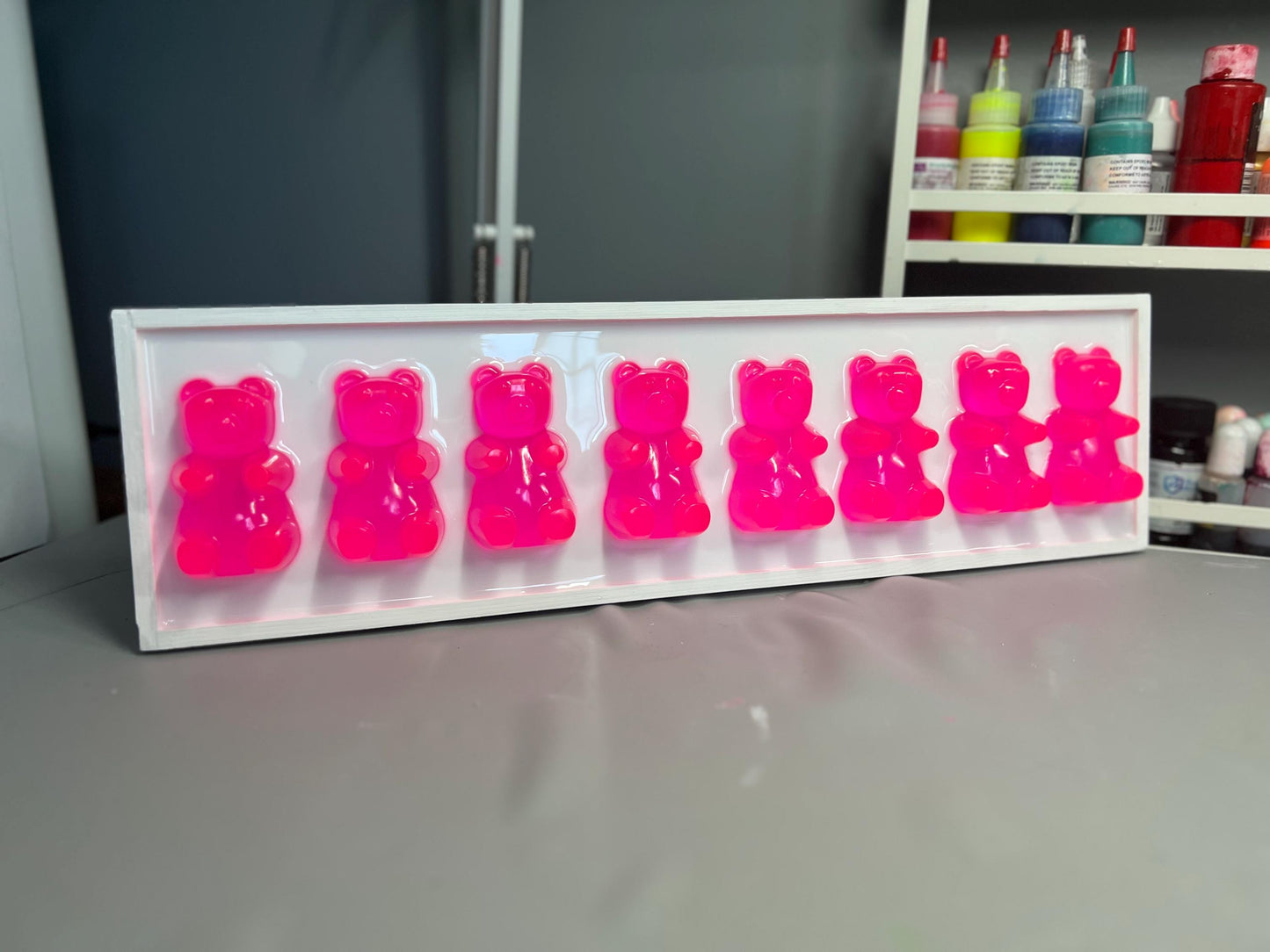 Pink Flight Gummy Bear Resin Wall Art: 3D Pop Art Decor, Nursery Kids Room Decor, Fun Neon Dopamine Apartment Wall Decor, Fake Candy
