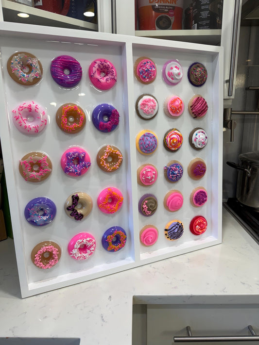 Sweet Dessert Charcuterie Wall Art — 24x24” Resin Cookies & Donuts Pop Art • Pink Sprinkle Candy Kitchen Decor • Original Handmade Artwork