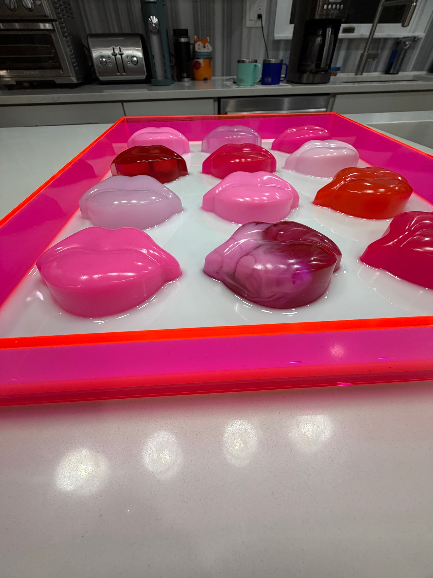Neon Kiss Grid – Resin Lip Wall Sculpture in Fluorescent Acrylic Frame Free US Shipping