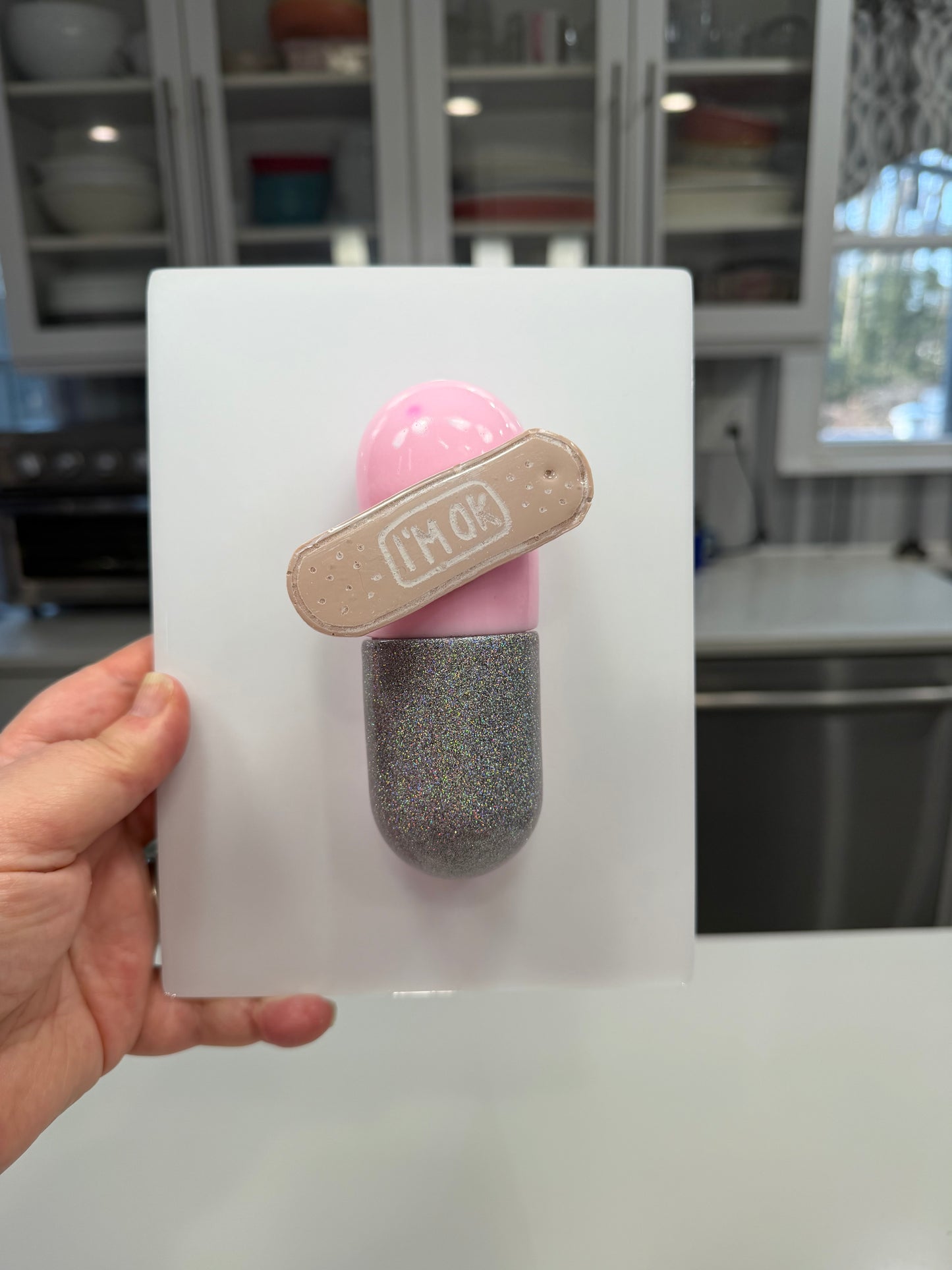I’m Ok Capsule Pill Wall Art – 8x6” Resin Sculpture – Pink Pop Art Mental Health Piece – Glitter Silver & Bandage Detail – Ready to Hang