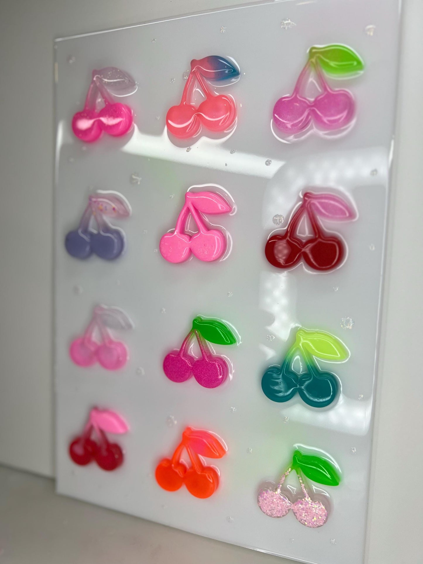 OOAK Resin Cherry Grid Wall Art • 3D Pop Art Candy Sculpture • Colorful Kawaii Fruit Decor • Handmade 12x8 Statement Piece