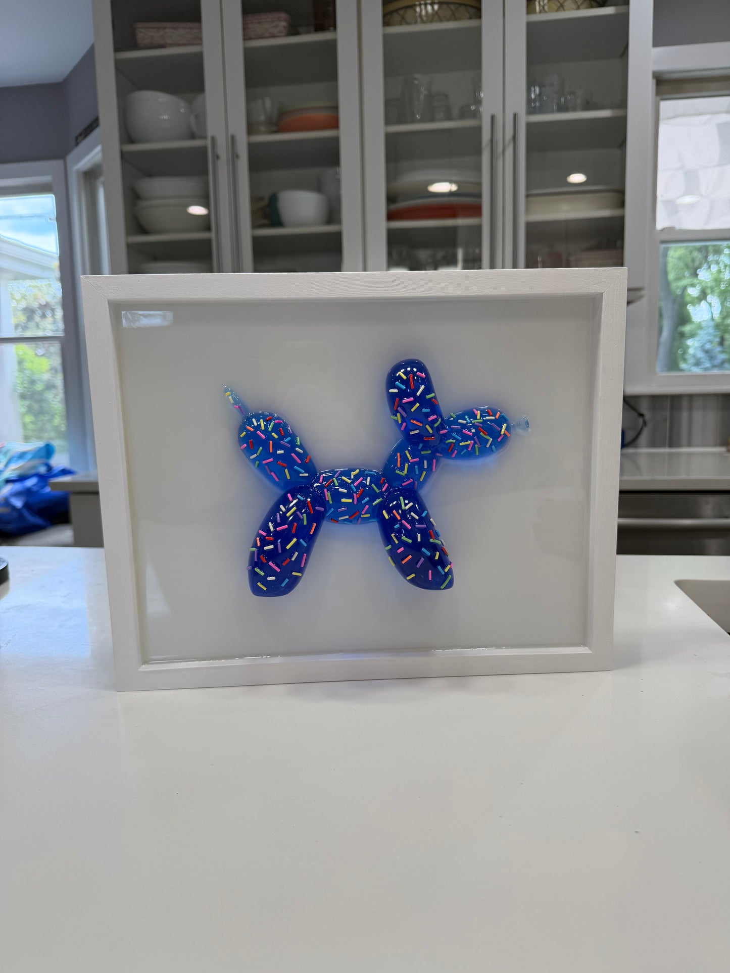 Blue Sprinkle Balloon Dog Wall Art | Handmade Resin Pop Art Sculpture on White Framed Panel | Candy Cabinet Collection