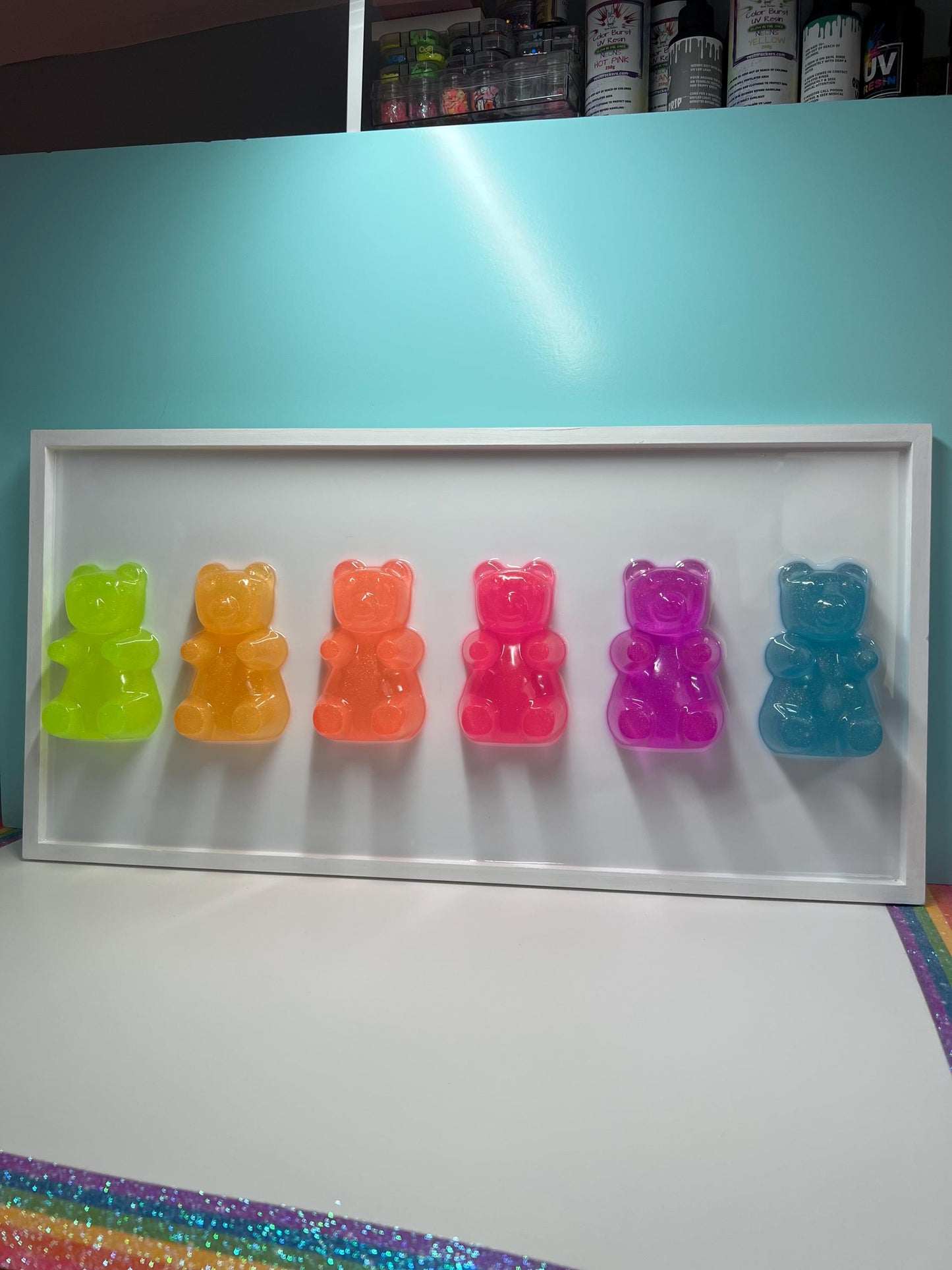 Glitter 5 inch Jumbo Neon Rainbow Gummy Bear Wall Art: 3D Pop Art Decor, Gallery Wall Nursery Wall Hanging, Dopamine Rush Kawaii Decor