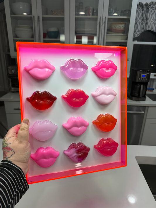 Neon Kiss Grid – Resin Lip Wall Sculpture in Fluorescent Acrylic Frame Free US Shipping