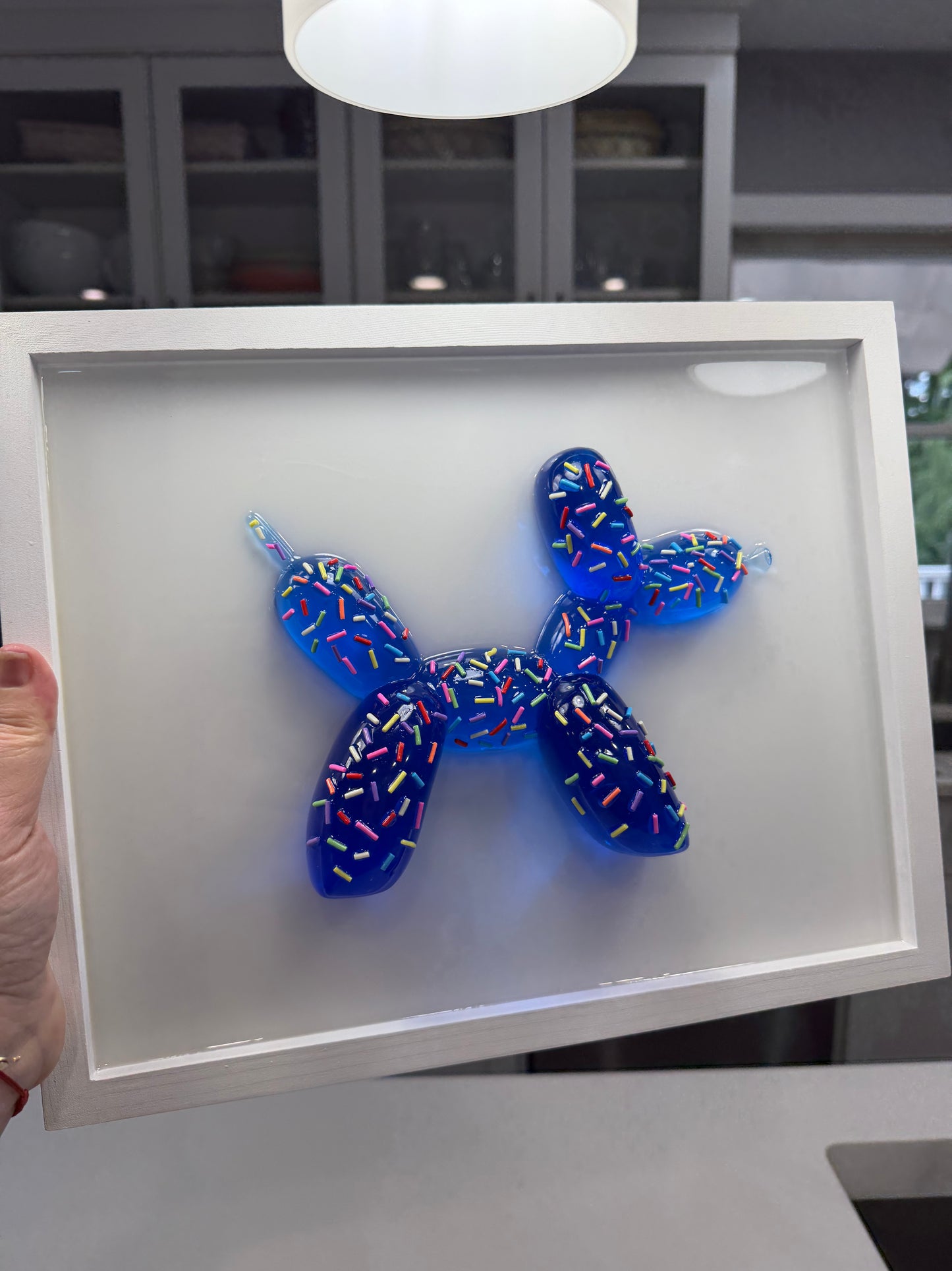 Blue Sprinkle Balloon Dog Wall Art | Handmade Resin Pop Art Sculpture on White Framed Panel | Candy Cabinet Collection