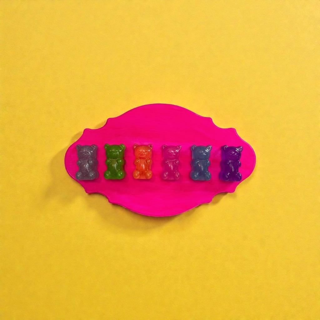 Rainbow Gummy Bears Ornate Filigree Frame Wall Art: Glitter Resin 3D Pop Art, Classic Gummy Bear Candy Shapes Statement Wall Art Hot Pink