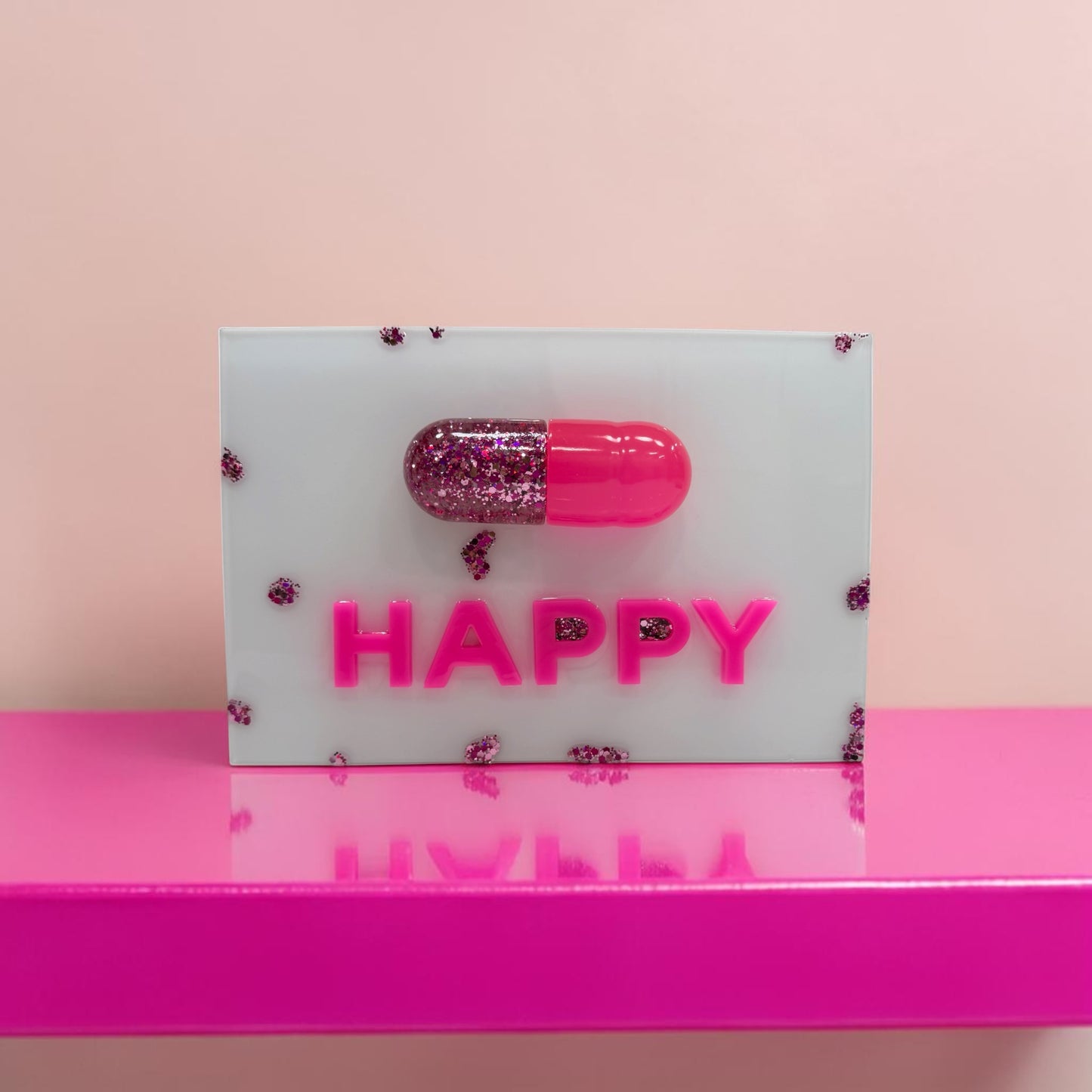 Neon Pink “Happy Pill” Resin Wall Art – Glossy Capsule Pop Art Sculpture | Dopamine Decor | Candy Cabinet Collection