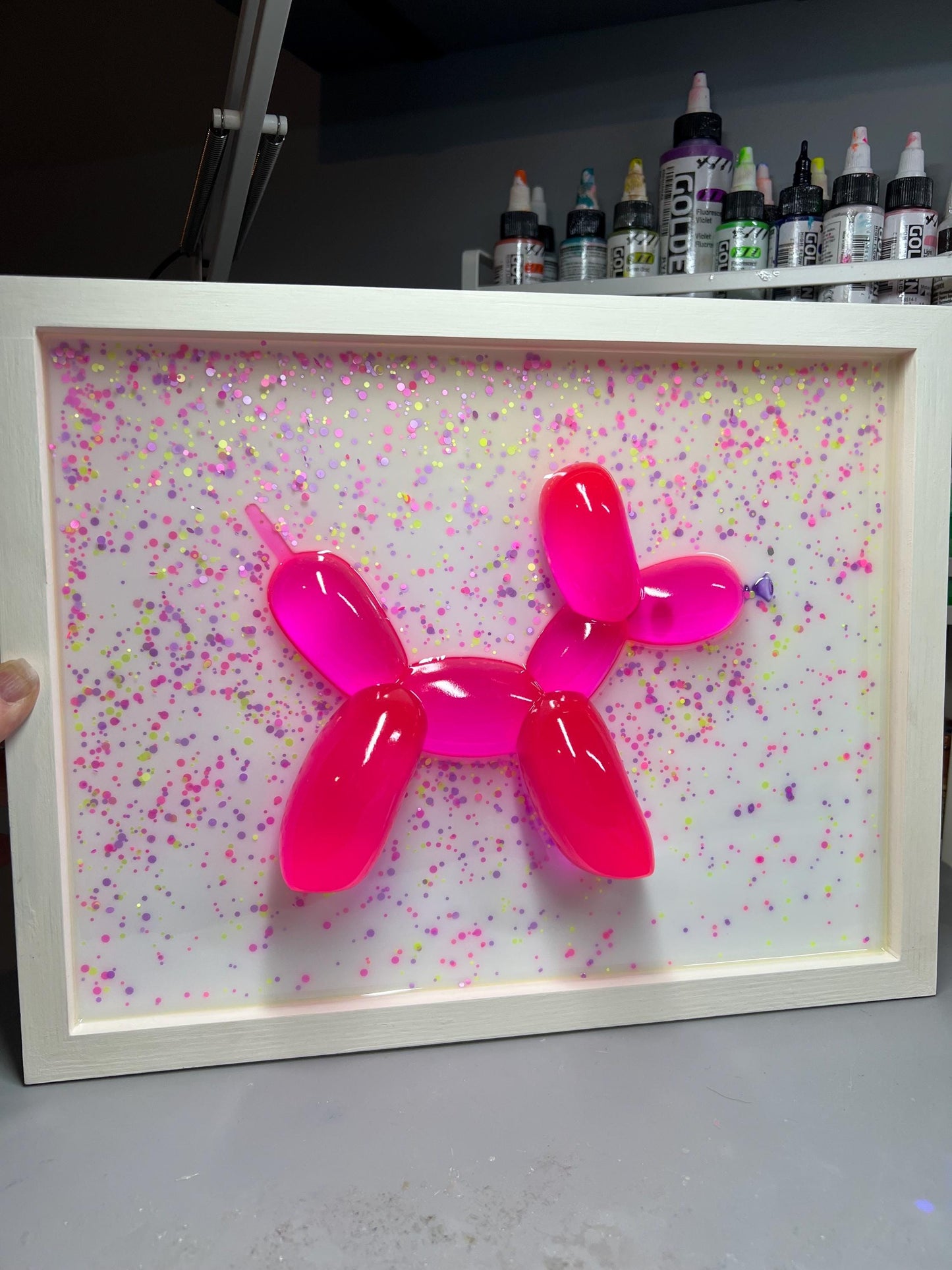 Neon Pink Balloon Dog Wall Art: 3D Confetti Resin Pop Art