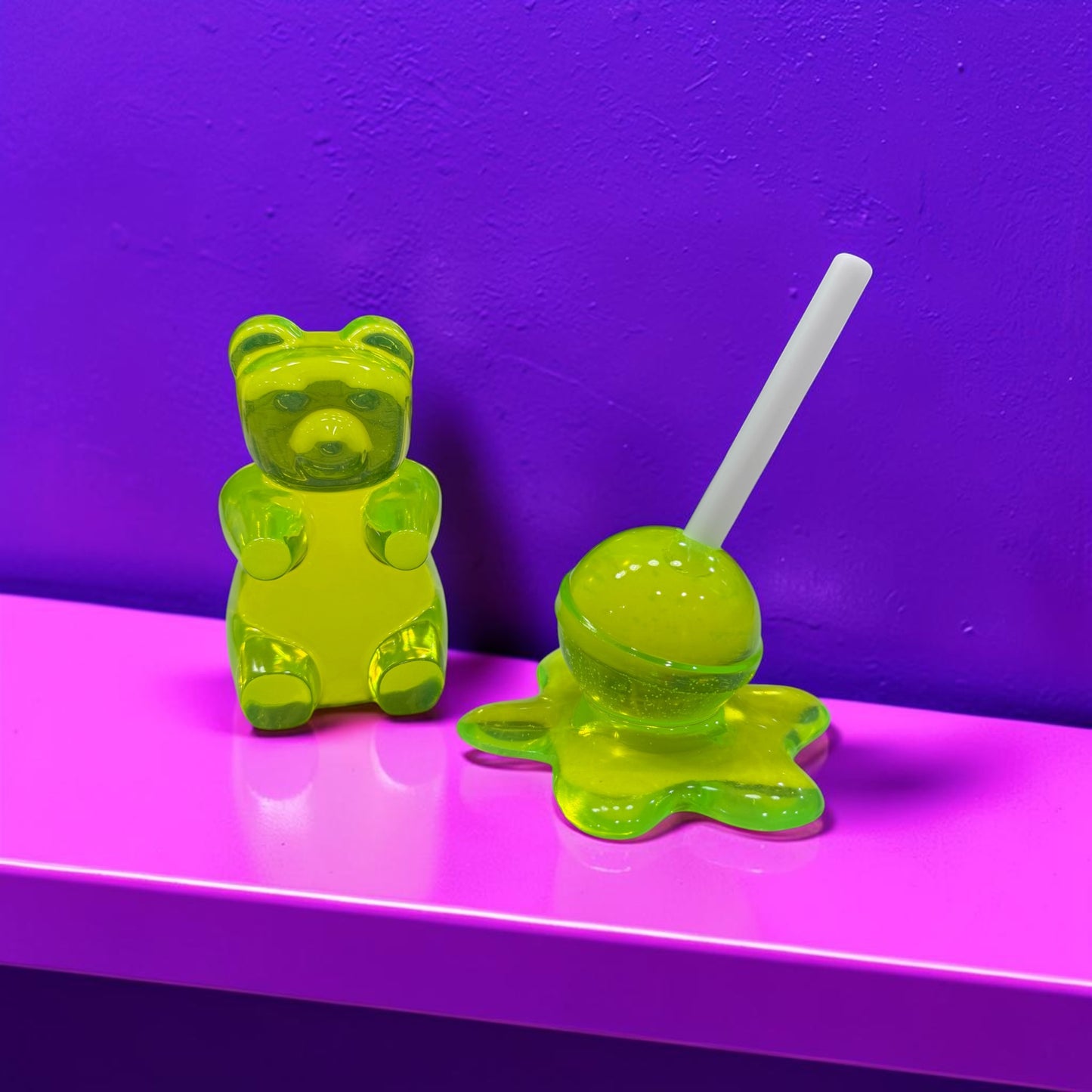 Neon Lime Gummy Bear & Melting Lollipop Set | Handmade Resin Pop Art Sculpture Duo | Candy Cabinet Collection | Dopamine Decor