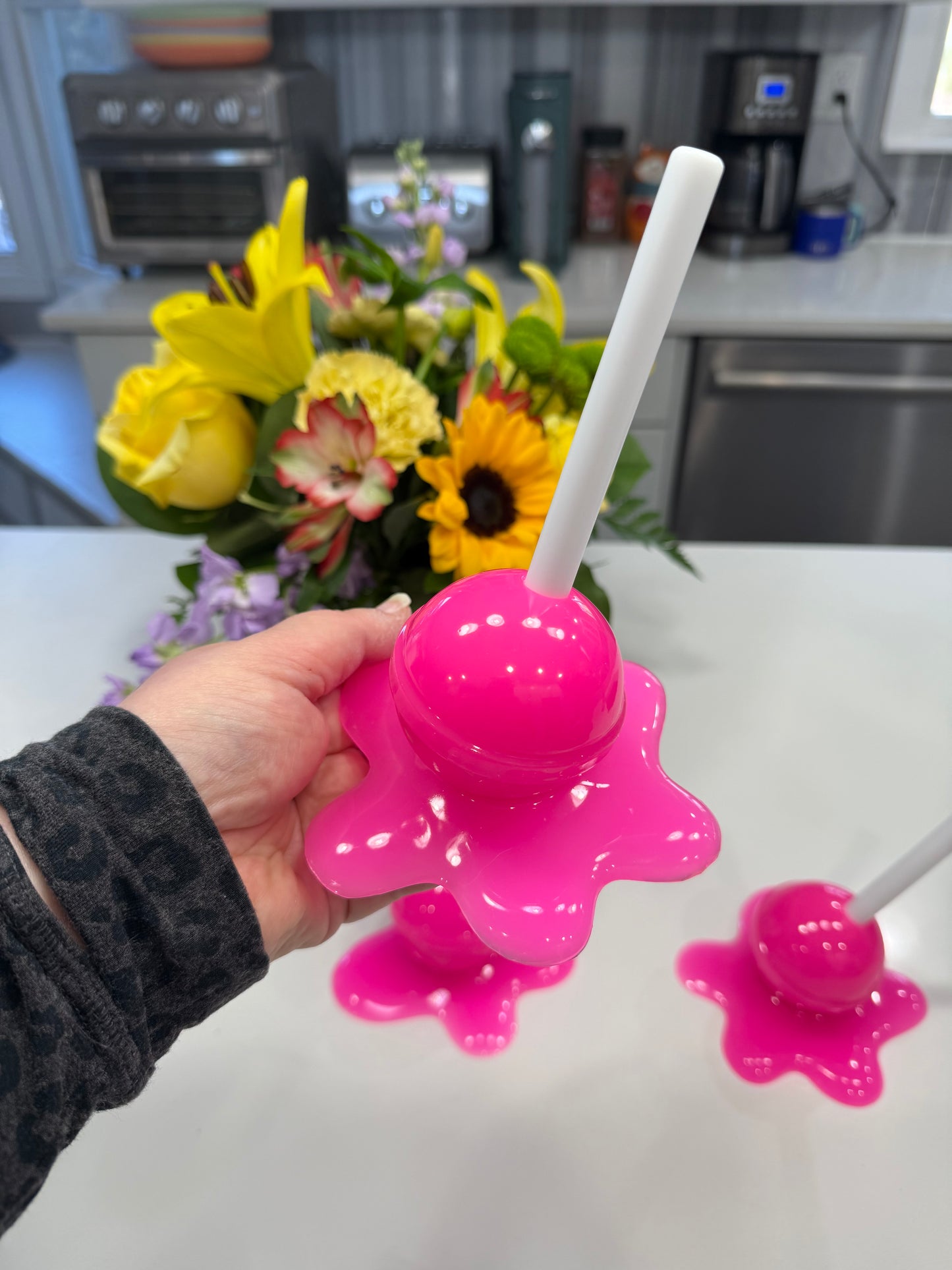 Neon BubblegumPink Melting Lollipop Resin Sculpture – OOAK Pop Art Candy Decor
