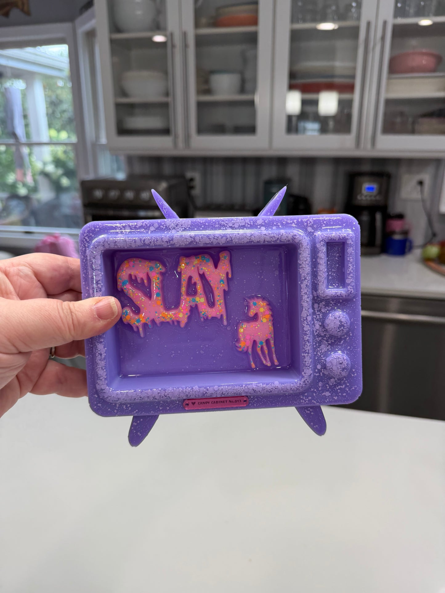 Candy Cabinet™ SLAY Retro TV Sculpture – Handmade Resin Television with Drippy Typography & Unicorn | 7x6 Freestanding Pop Art Collectible