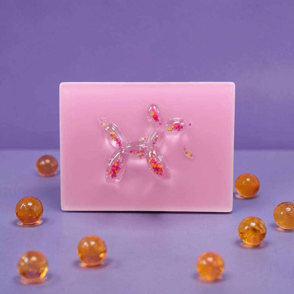 Confetti Balloon Dog on Soft Pink Resin Panel – OOAK Pop Art Sculpture (8x6 Wall Art)
