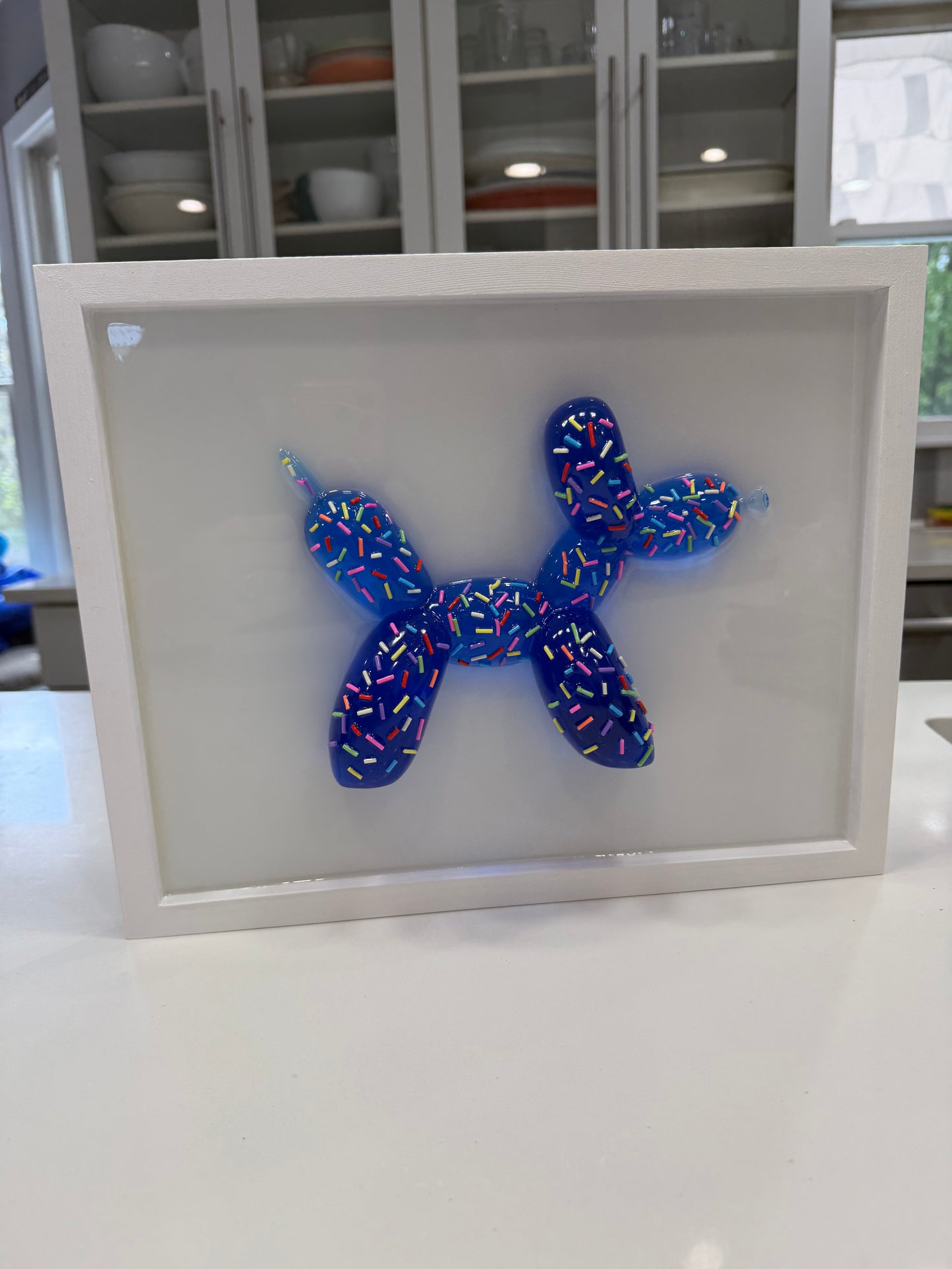 Blue Sprinkle Balloon Dog Wall Art | Handmade Resin Pop Art Sculpture on White Framed Panel | Candy Cabinet Collection