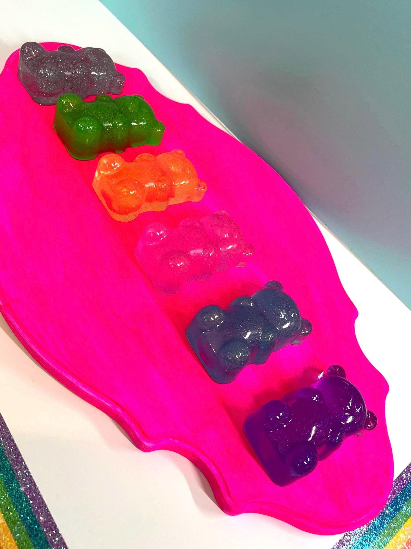 Rainbow Gummy Bears Ornate Filigree Frame Wall Art: Glitter Resin 3D Pop Art, Classic Gummy Bear Candy Shapes Statement Wall Art Hot Pink