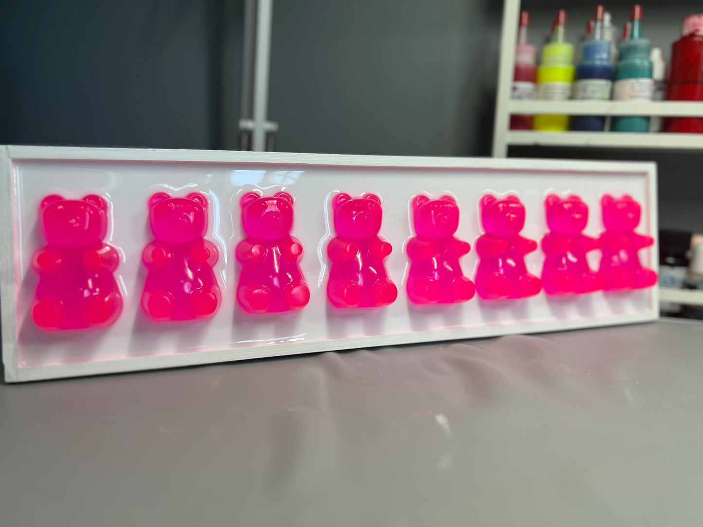 Pink Flight Gummy Bear Resin Wall Art: 3D Pop Art Decor, Nursery Kids Room Decor, Fun Neon Dopamine Apartment Wall Decor, Fake Candy