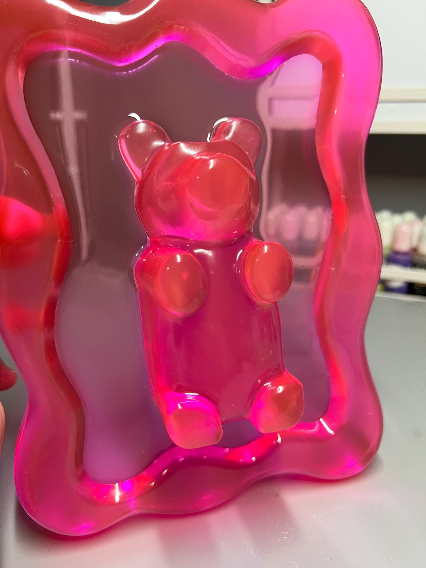 Hot Pink Gummy Bear Resin Wall Art – Y2K Candycore Pop Art Decor – Translucent Lucite Style Handmade Sculpture