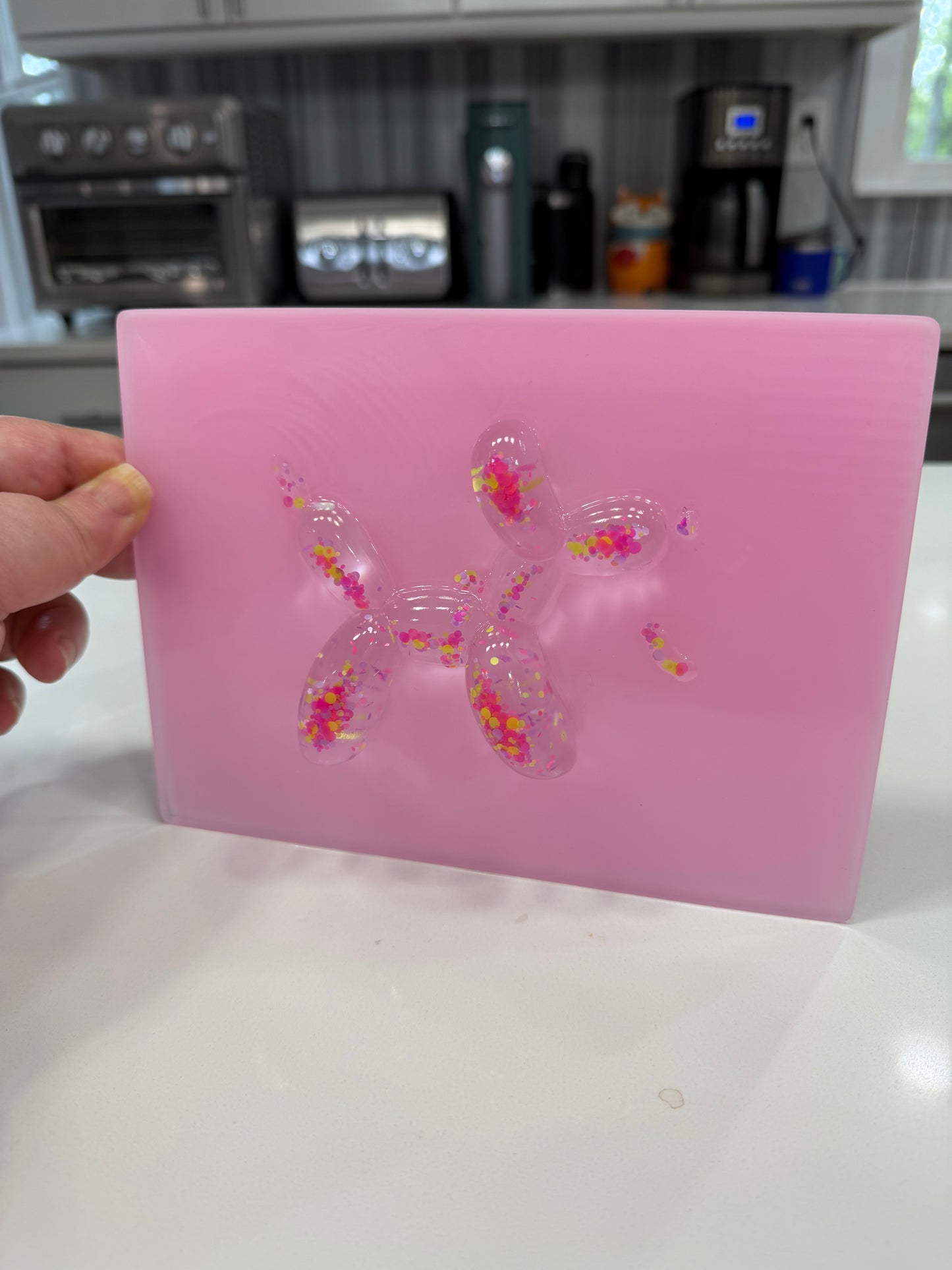 Confetti Balloon Dog on Soft Pink Resin Panel – OOAK Pop Art Sculpture (8x6 Wall Art)