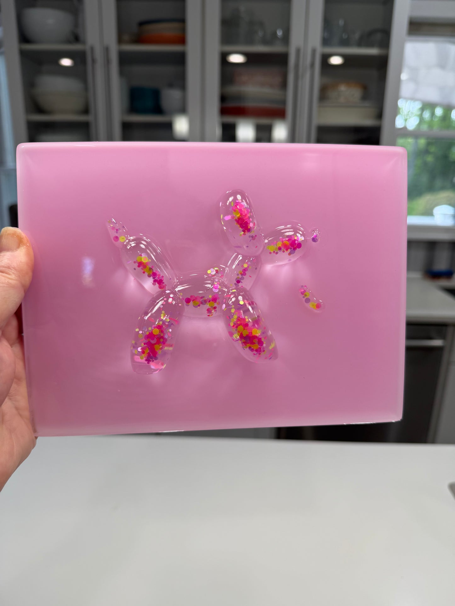 Confetti Balloon Dog on Soft Pink Resin Panel – OOAK Pop Art Sculpture (8x6 Wall Art)
