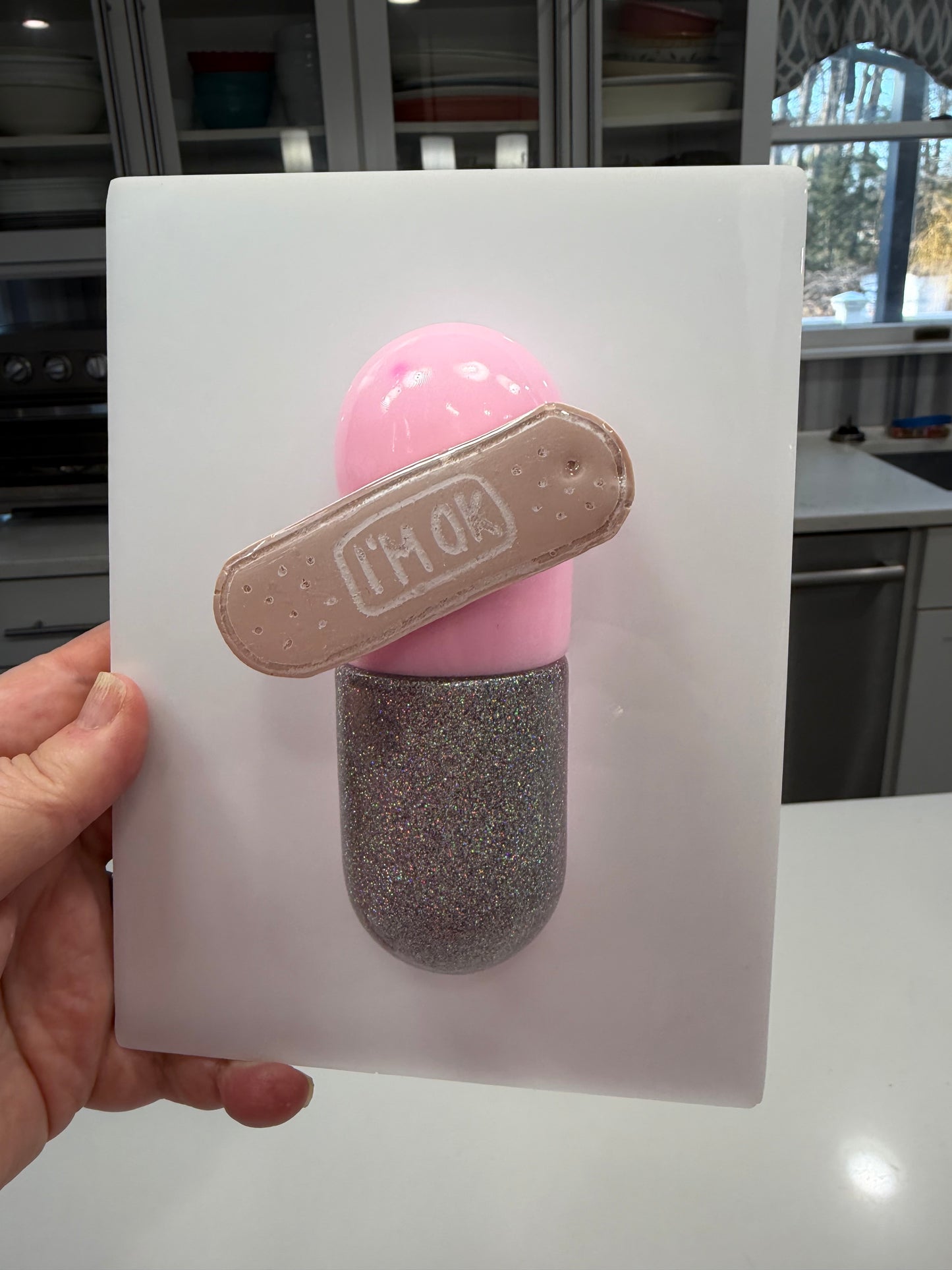 I’m Ok Capsule Pill Wall Art – 8x6” Resin Sculpture – Pink Pop Art Mental Health Piece – Glitter Silver & Bandage Detail – Ready to Hang