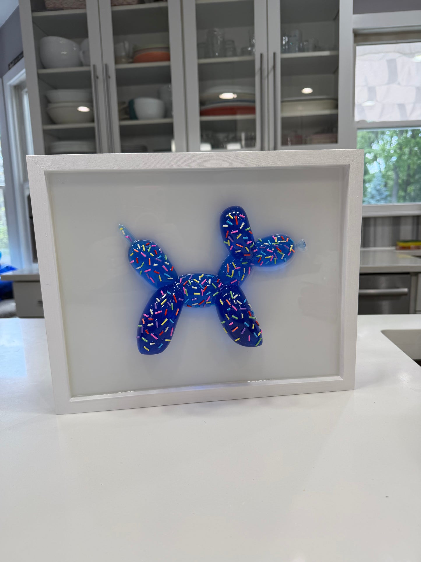 Blue Sprinkle Balloon Dog Wall Art | Handmade Resin Pop Art Sculpture on White Framed Panel | Candy Cabinet Collection