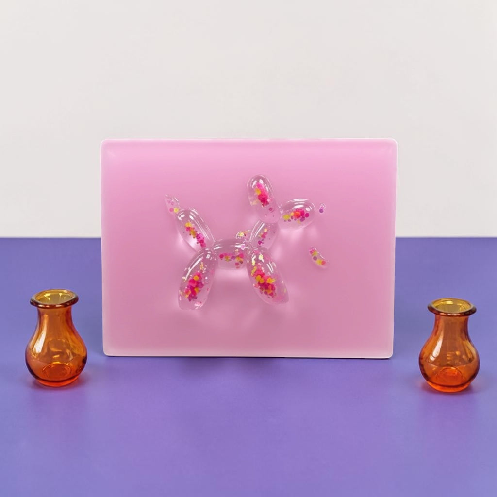 Confetti Balloon Dog on Soft Pink Resin Panel – OOAK Pop Art Sculpture (8x6 Wall Art)