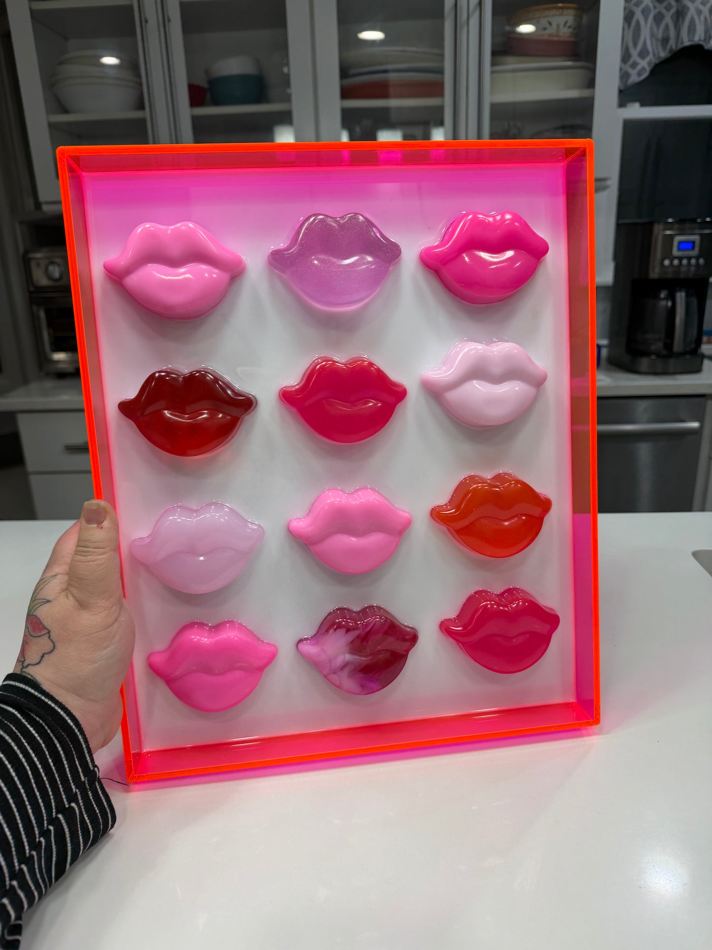 Neon Kiss Grid – Resin Lip Wall Sculpture in Fluorescent Acrylic Frame Free US Shipping