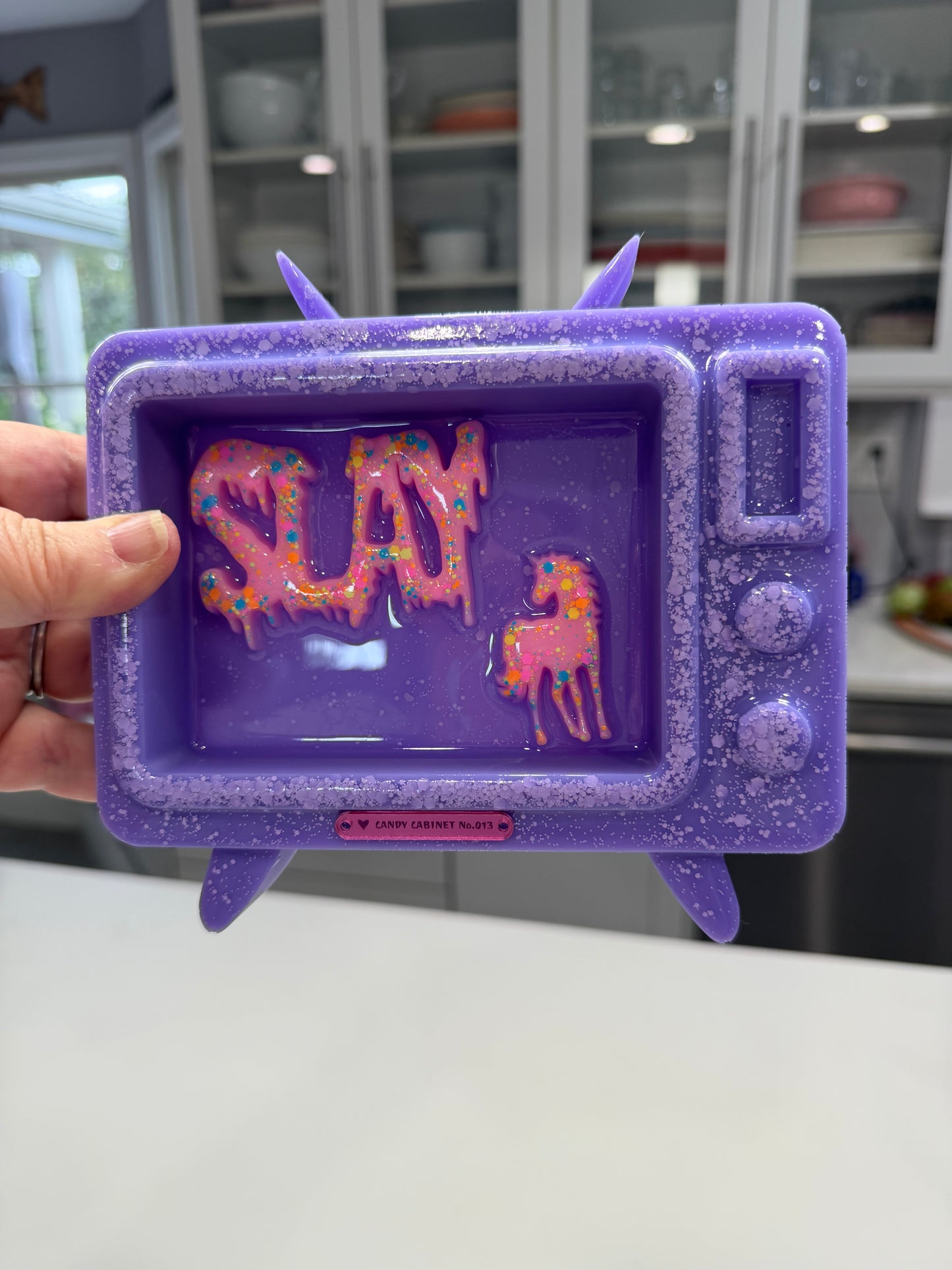 Candy Cabinet™ SLAY Retro TV Sculpture – Handmade Resin Television with Drippy Typography & Unicorn | 7x6 Freestanding Pop Art Collectible