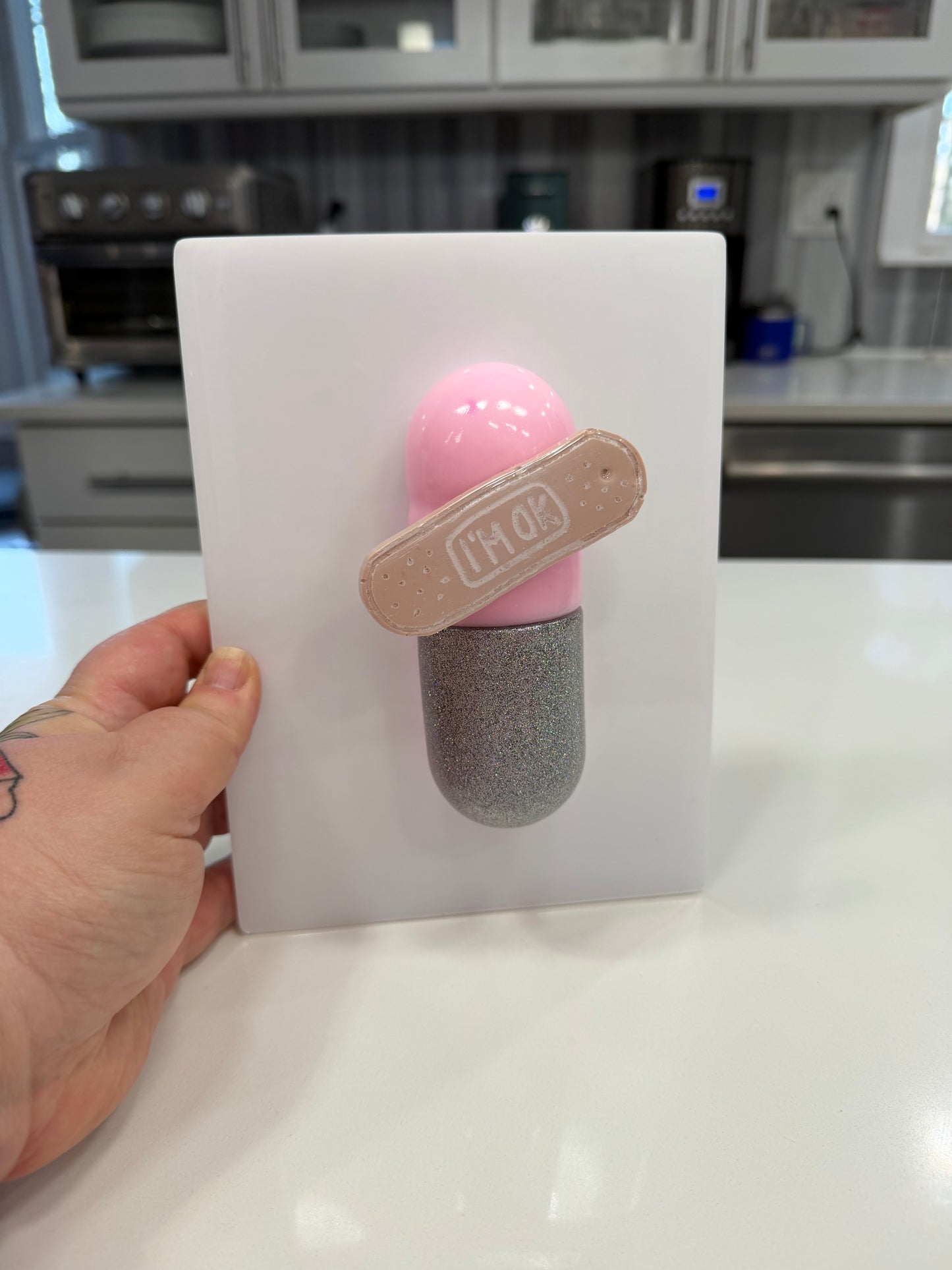 I’m Ok Capsule Pill Wall Art – 8x6” Resin Sculpture – Pink Pop Art Mental Health Piece – Glitter Silver & Bandage Detail – Ready to Hang