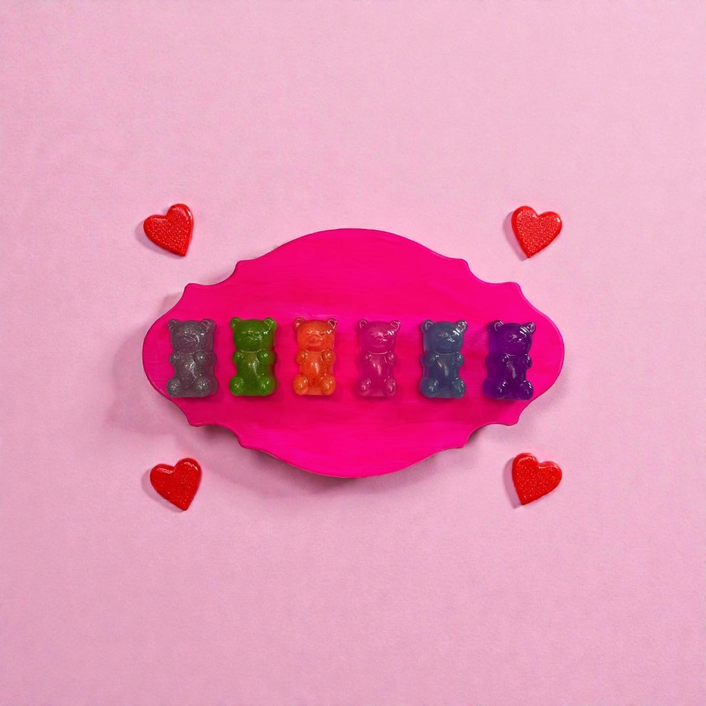 Rainbow Gummy Bears Ornate Filigree Frame Wall Art: Glitter Resin 3D Pop Art, Classic Gummy Bear Candy Shapes Statement Wall Art Hot Pink