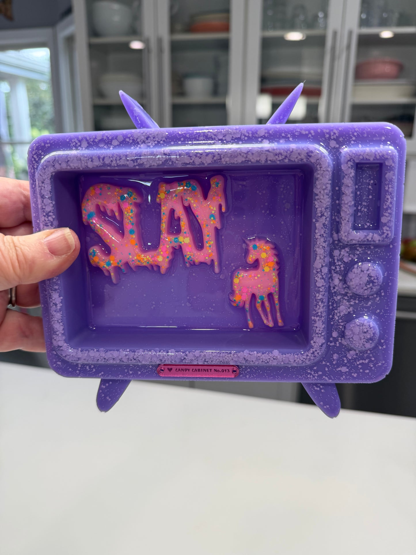 Candy Cabinet™ SLAY Retro TV Sculpture – Handmade Resin Television with Drippy Typography & Unicorn | 7x6 Freestanding Pop Art Collectible