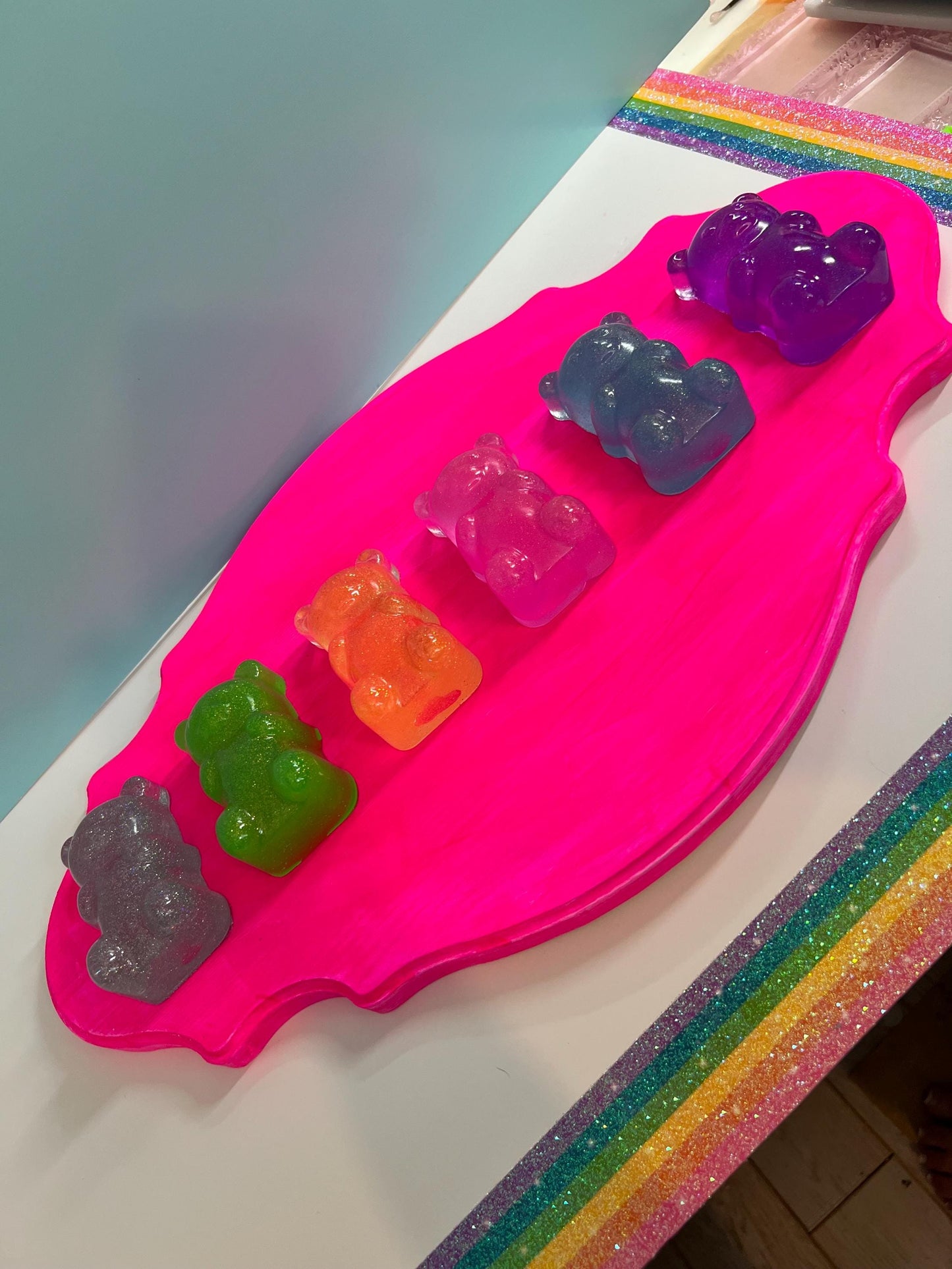 Rainbow Gummy Bears Ornate Filigree Frame Wall Art: Glitter Resin 3D Pop Art, Classic Gummy Bear Candy Shapes Statement Wall Art Hot Pink