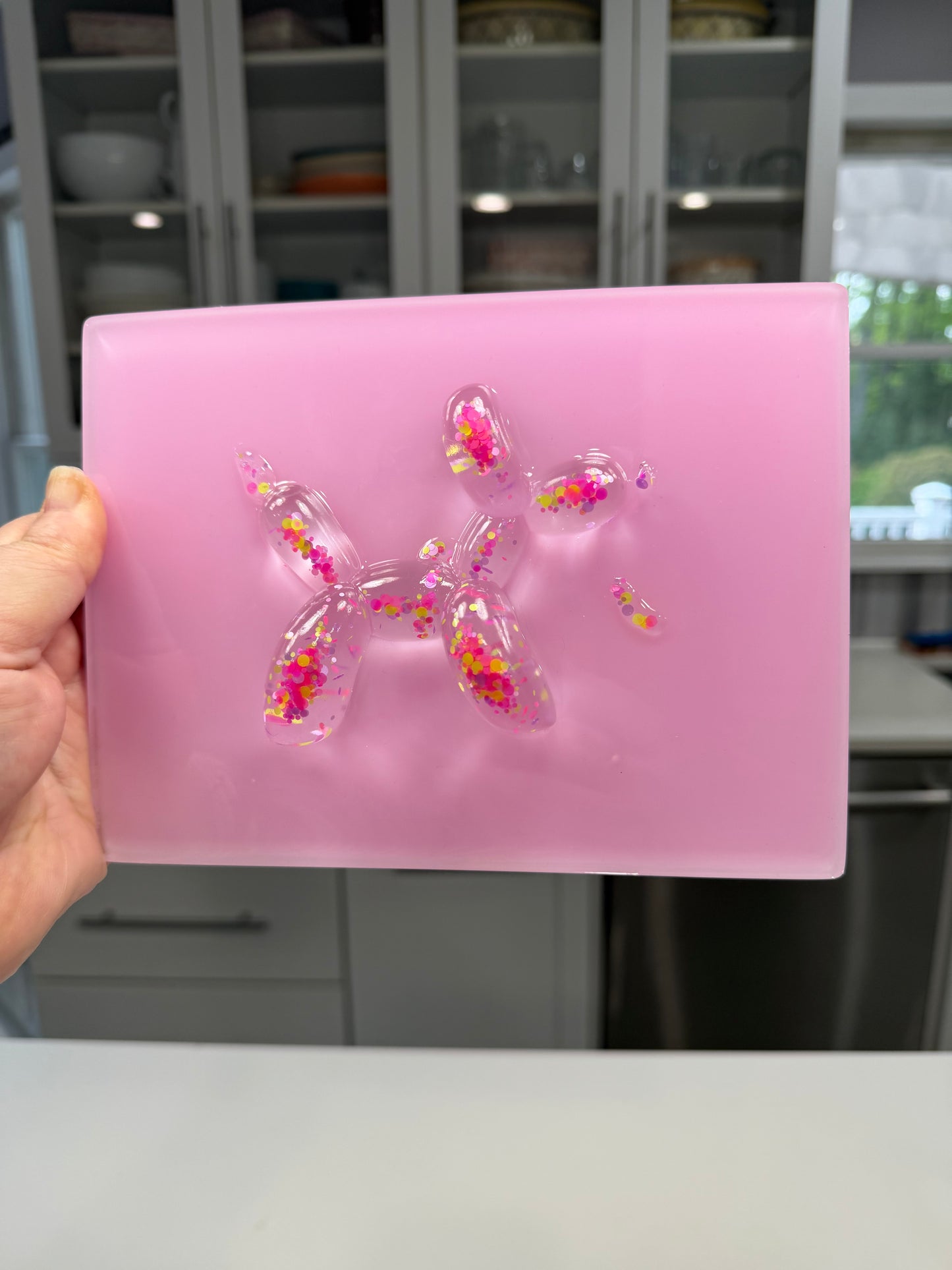 Confetti Balloon Dog on Soft Pink Resin Panel – OOAK Pop Art Sculpture (8x6 Wall Art)