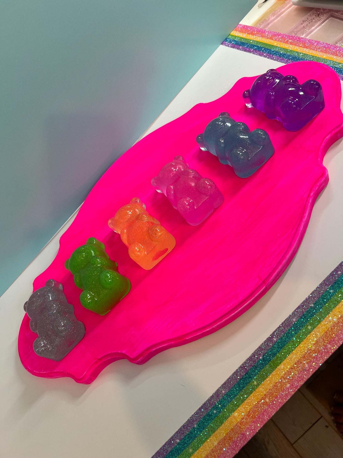 Rainbow Gummy Bears Ornate Filigree Frame Wall Art: Glitter Resin 3D Pop Art, Classic Gummy Bear Candy Shapes Statement Wall Art Hot Pink