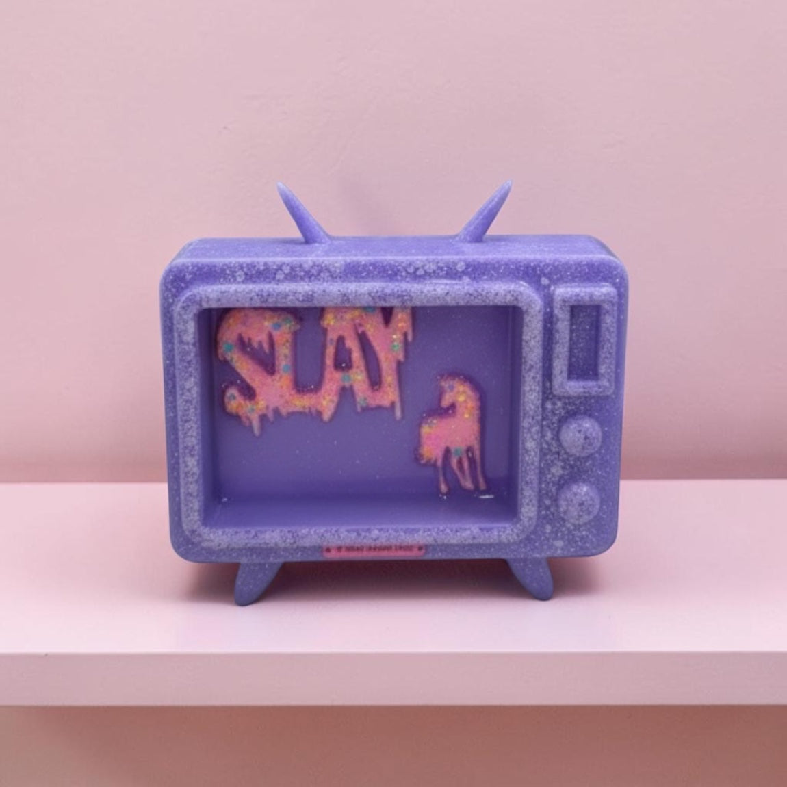 Candy Cabinet™ SLAY Retro TV Sculpture – Handmade Resin Television with Drippy Typography & Unicorn | 7x6 Freestanding Pop Art Collectible