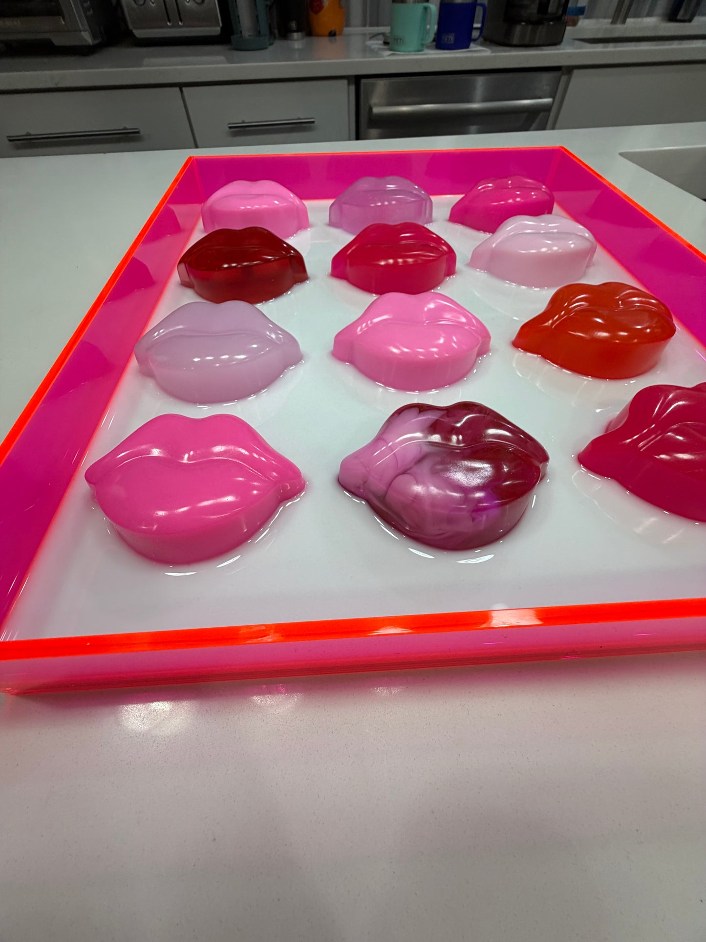 Neon Kiss Grid – Resin Lip Wall Sculpture in Fluorescent Acrylic Frame Free US Shipping