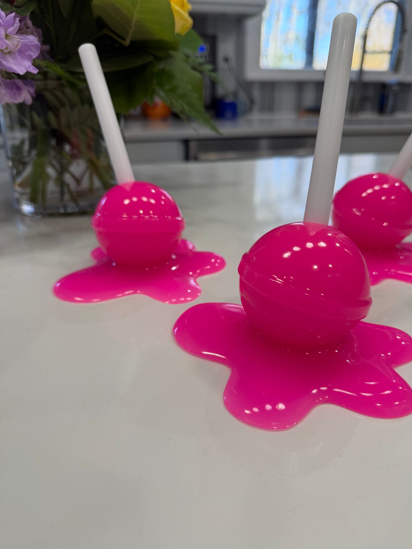 Neon BubblegumPink Melting Lollipop Resin Sculpture – OOAK Pop Art Candy Decor