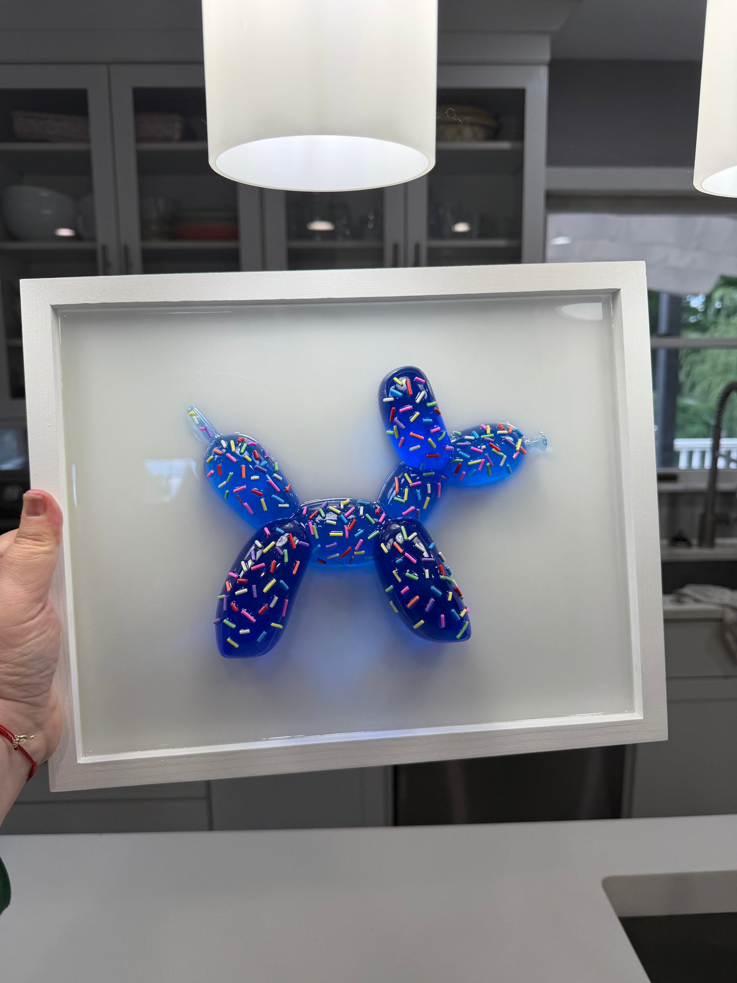 Blue Sprinkle Balloon Dog Wall Art | Handmade Resin Pop Art Sculpture on White Framed Panel | Candy Cabinet Collection