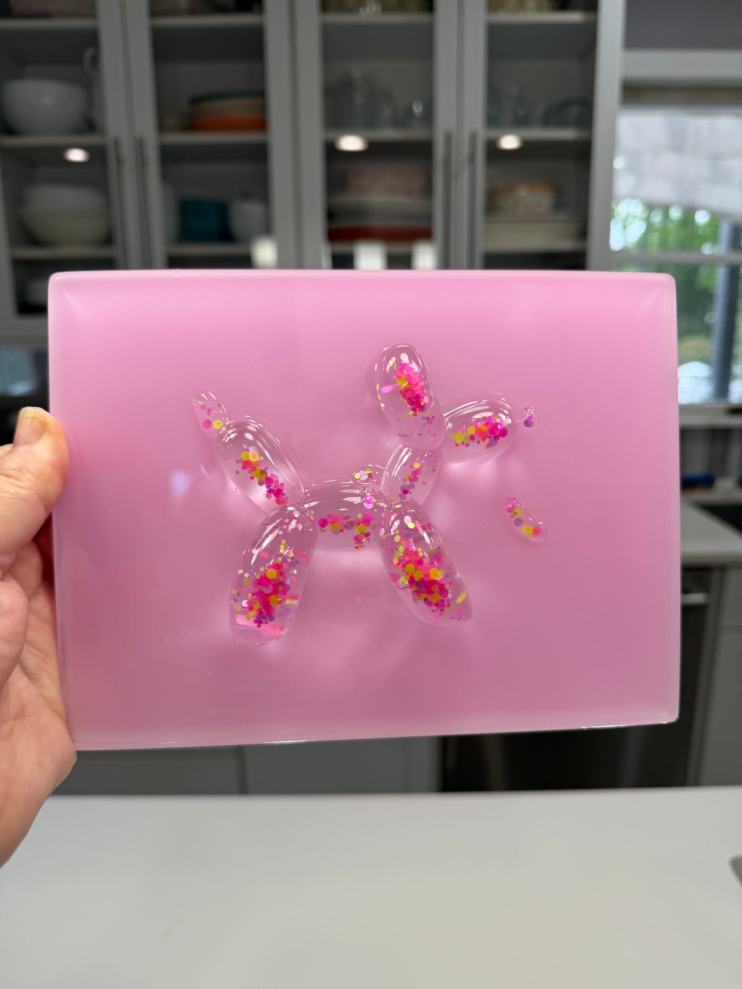 Confetti Balloon Dog on Soft Pink Resin Panel – OOAK Pop Art Sculpture (8x6 Wall Art)