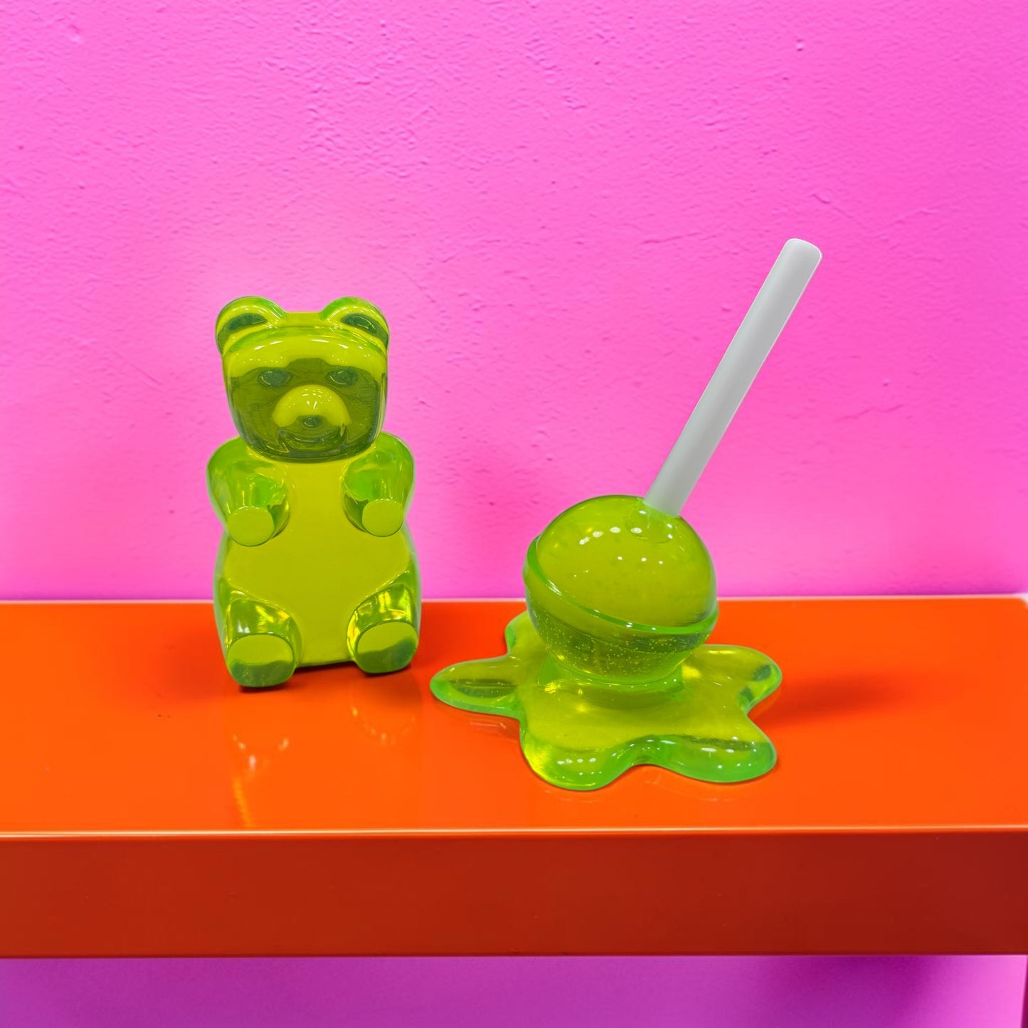 Neon Lime Gummy Bear & Melting Lollipop Set | Handmade Resin Pop Art Sculpture Duo | Candy Cabinet Collection | Dopamine Decor