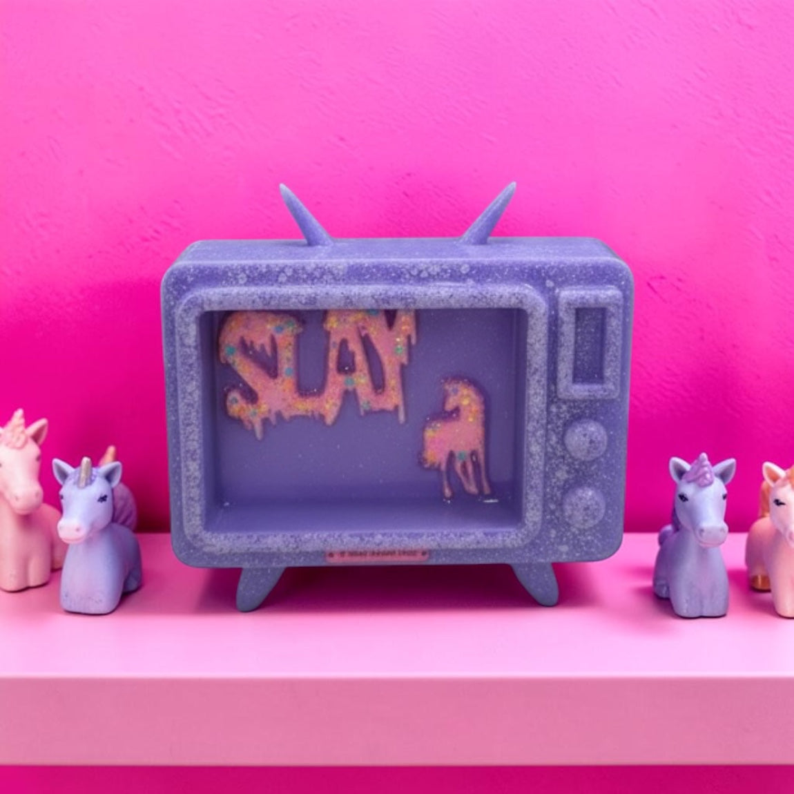 Candy Cabinet™ SLAY Retro TV Sculpture – Handmade Resin Television with Drippy Typography & Unicorn | 7x6 Freestanding Pop Art Collectible