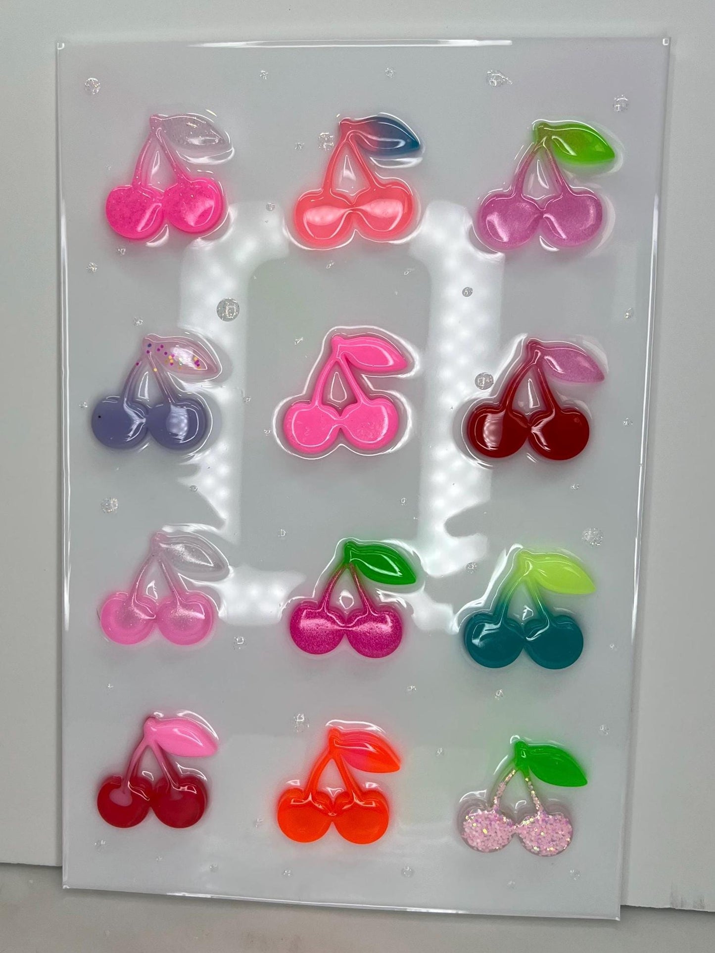 OOAK Resin Cherry Grid Wall Art • 3D Pop Art Candy Sculpture • Colorful Kawaii Fruit Decor • Handmade 12x8 Statement Piece