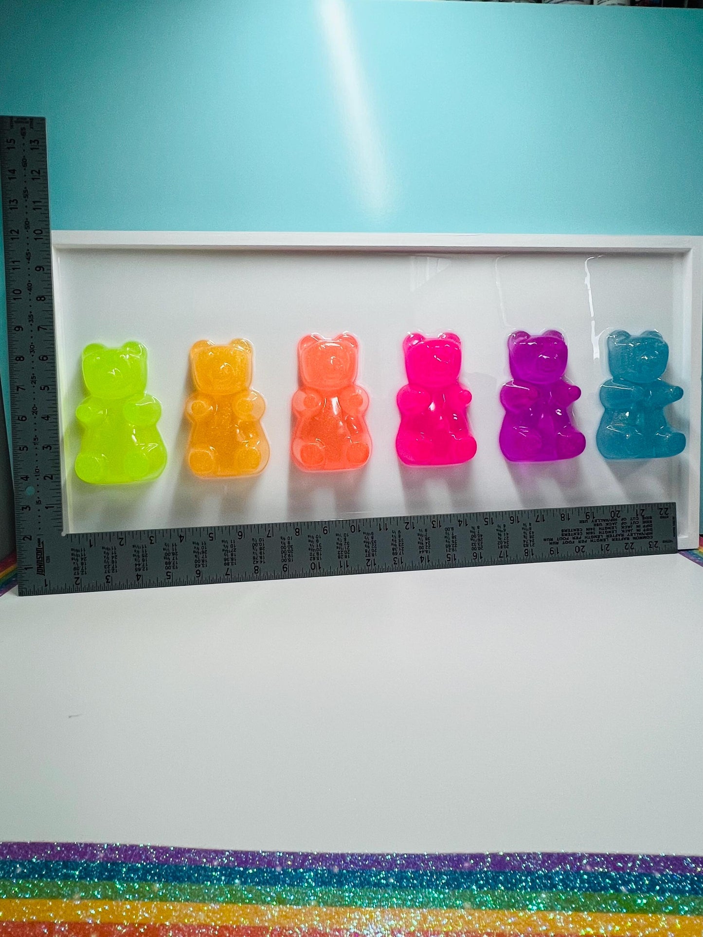 Glitter 5 inch Jumbo Neon Rainbow Gummy Bear Wall Art: 3D Pop Art Decor, Gallery Wall Nursery Wall Hanging, Dopamine Rush Kawaii Decor