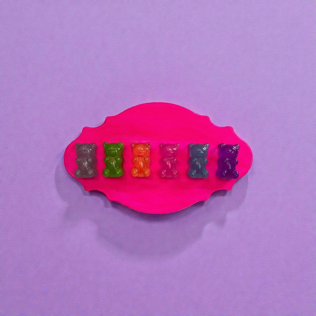 Rainbow Gummy Bears Ornate Filigree Frame Wall Art: Glitter Resin 3D Pop Art, Classic Gummy Bear Candy Shapes Statement Wall Art Hot Pink