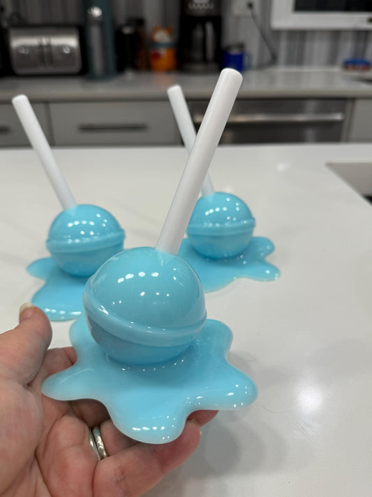 Melting Blue Lollipop Resin Sculpture, Handmade Pop Art Candy Decor, 5x7 Resin Art Object