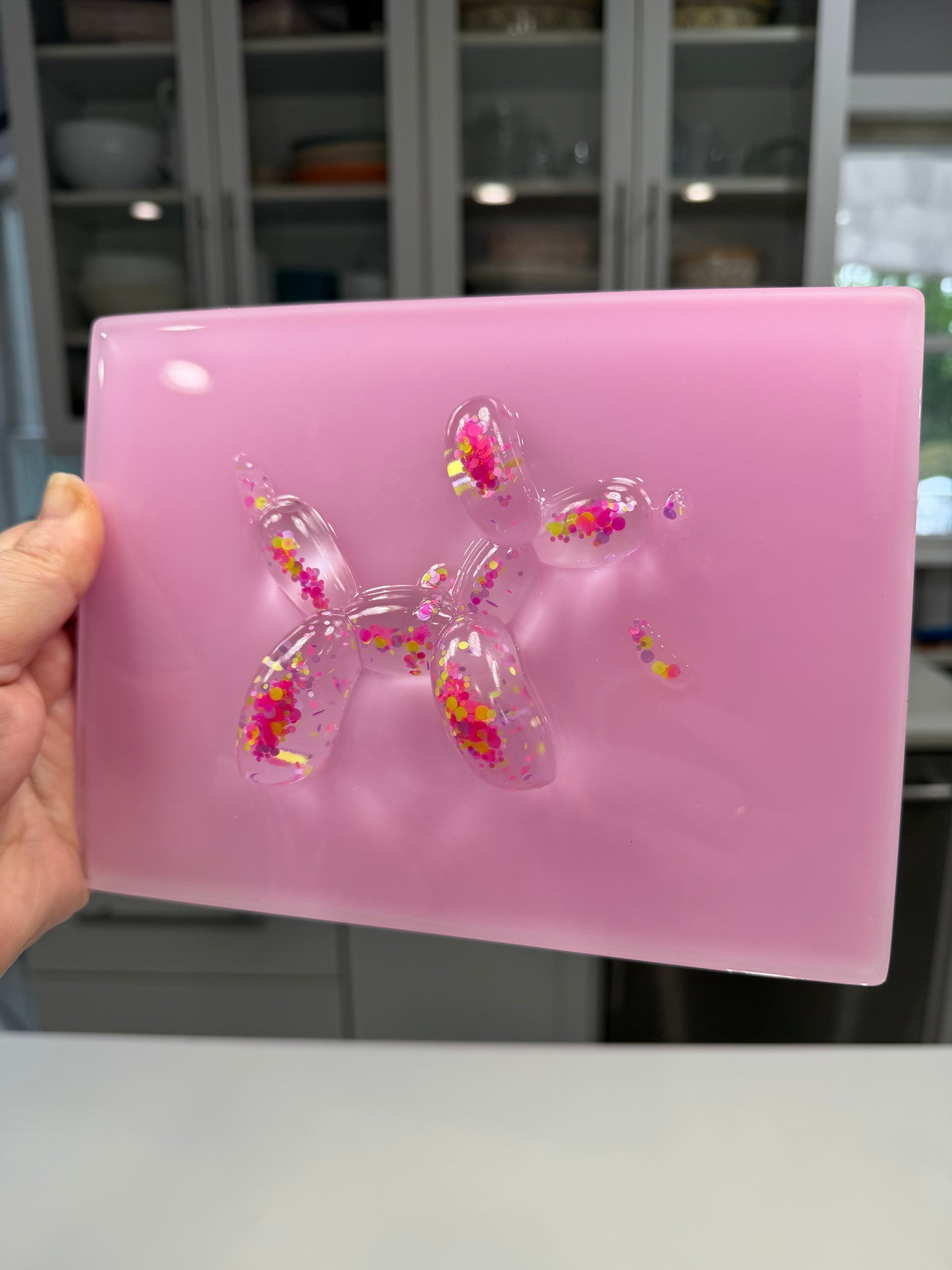 Confetti Balloon Dog on Soft Pink Resin Panel – OOAK Pop Art Sculpture (8x6 Wall Art)