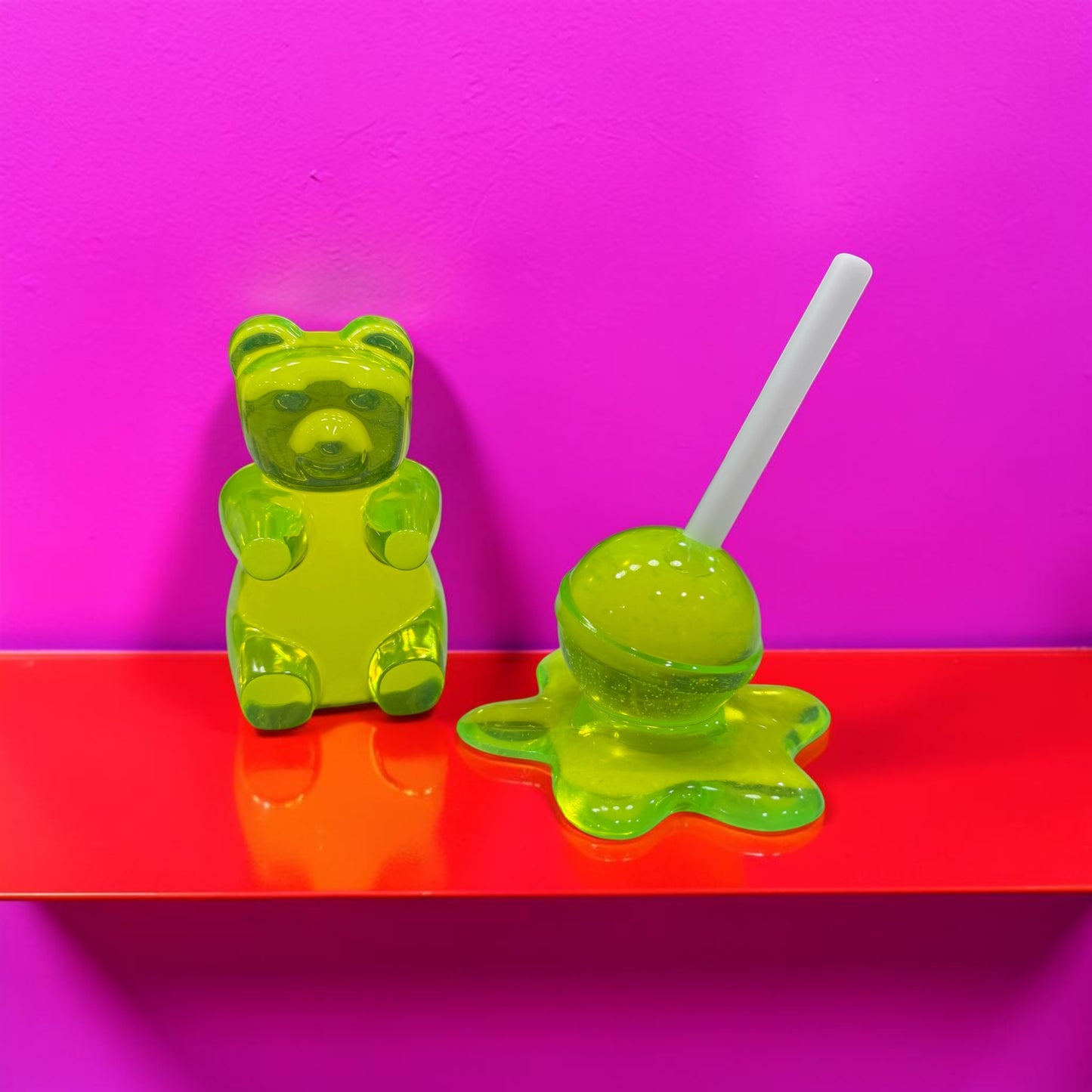 Neon Lime Gummy Bear & Melting Lollipop Set | Handmade Resin Pop Art Sculpture Duo | Candy Cabinet Collection | Dopamine Decor