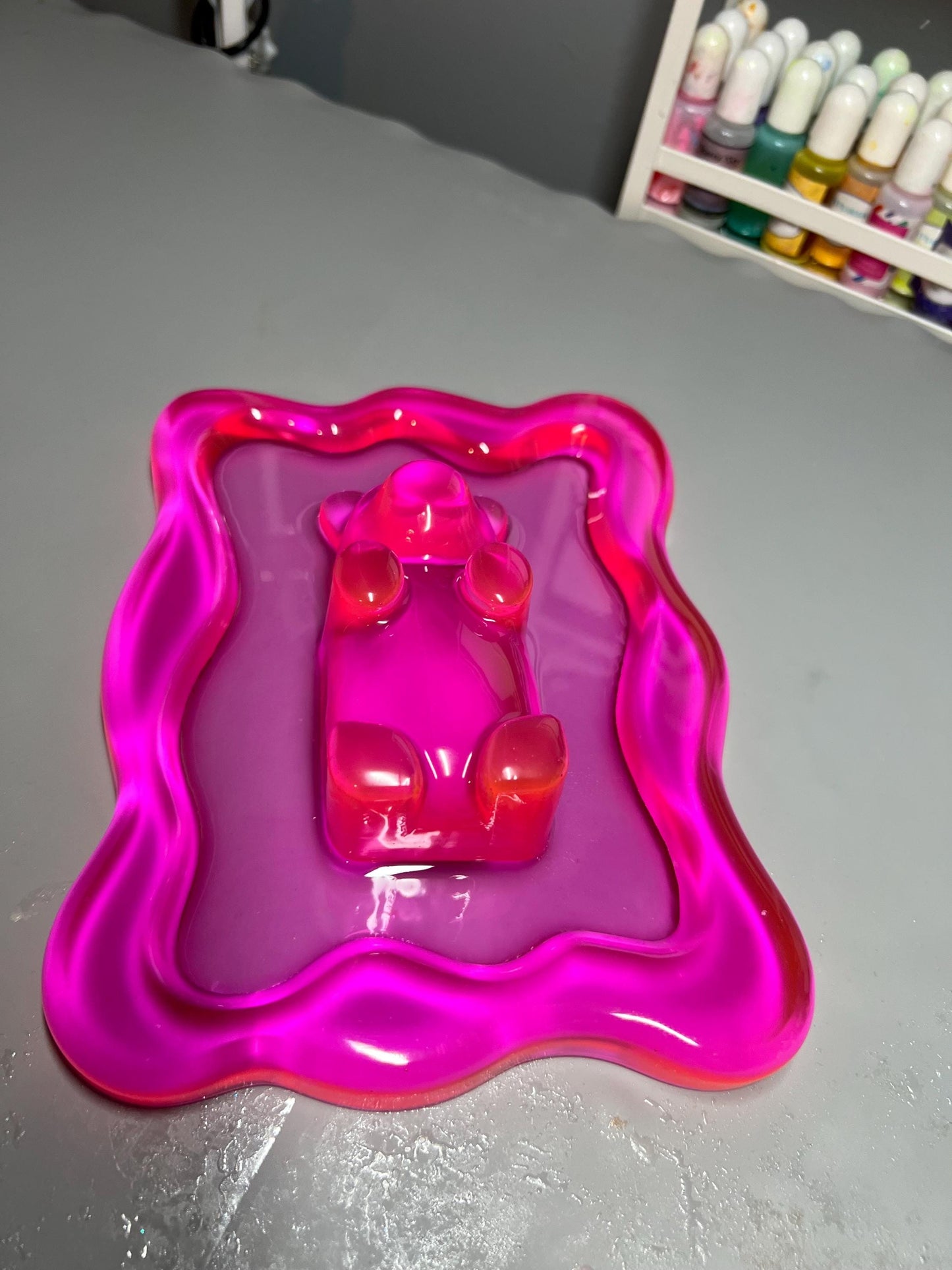 Hot Pink Gummy Bear Resin Wall Art – Y2K Candycore Pop Art Decor – Translucent Lucite Style Handmade Sculpture