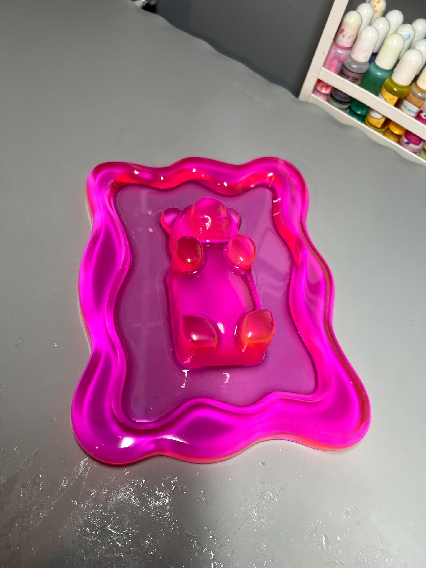 Hot Pink Gummy Bear Resin Wall Art – Y2K Candycore Pop Art Decor – Translucent Lucite Style Handmade Sculpture