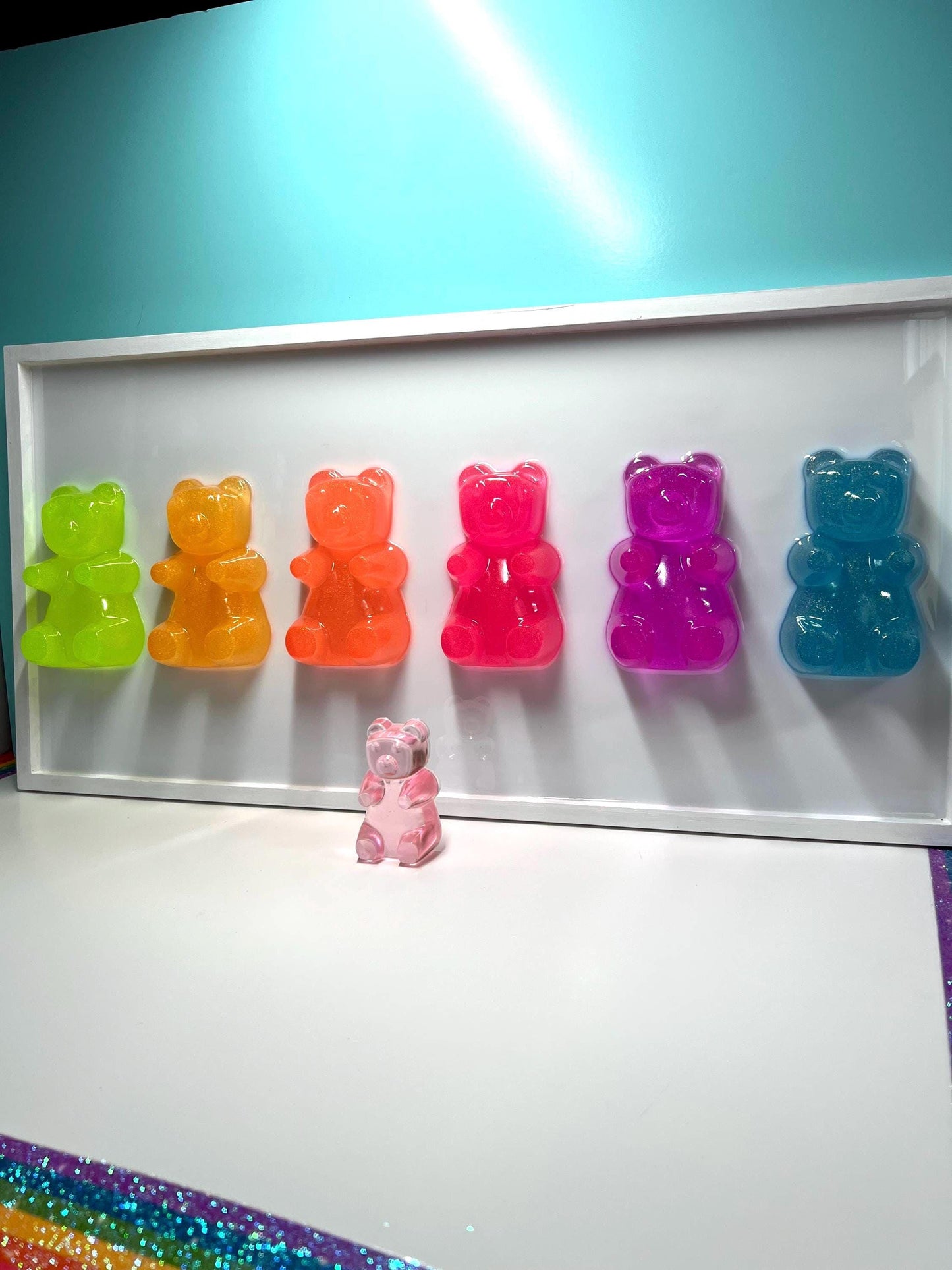 Glitter 5 inch Jumbo Neon Rainbow Gummy Bear Wall Art: 3D Pop Art Decor, Gallery Wall Nursery Wall Hanging, Dopamine Rush Kawaii Decor