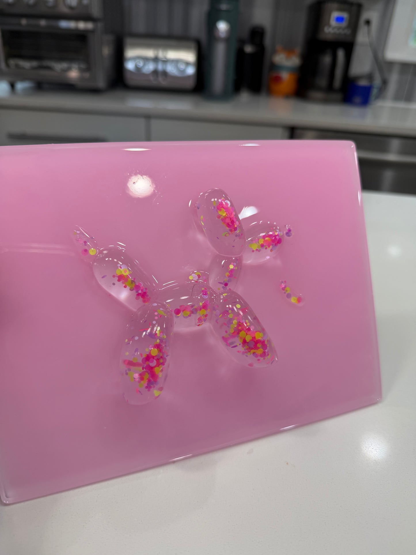 Confetti Balloon Dog on Soft Pink Resin Panel – OOAK Pop Art Sculpture (8x6 Wall Art)